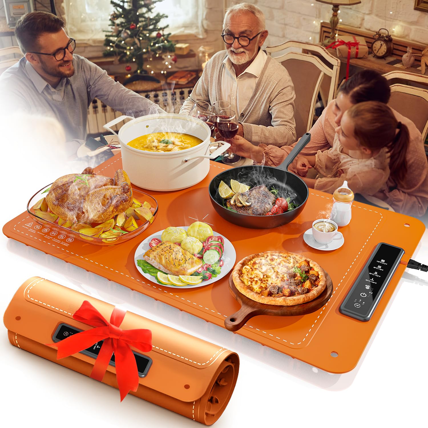 Food Warming Mat for Buffet,Electric Warming Tray with 4 Temperatures Setings and 1/3/5h Timer,Full Surface Heating Food Warmers for Parties Buffets Holidays Daily Use to Keep Food Warm(Orange)