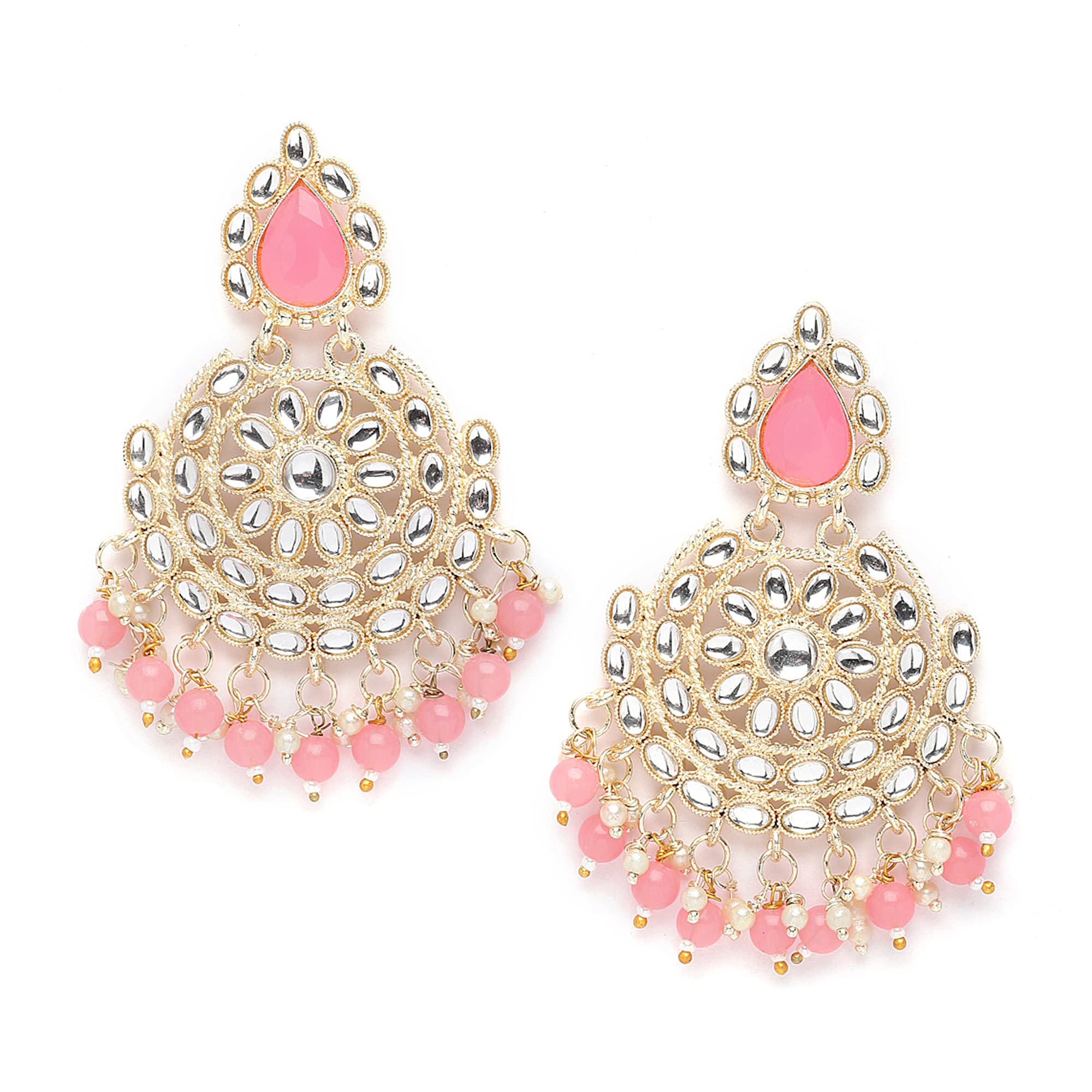 Zeneme Gold-Plated Kundan studded Crescent Shaped Chandbali Earrings for Girls and Women (Pink) (B0C1KKJMZG) Amazon Price History, Amazon Price Tracker