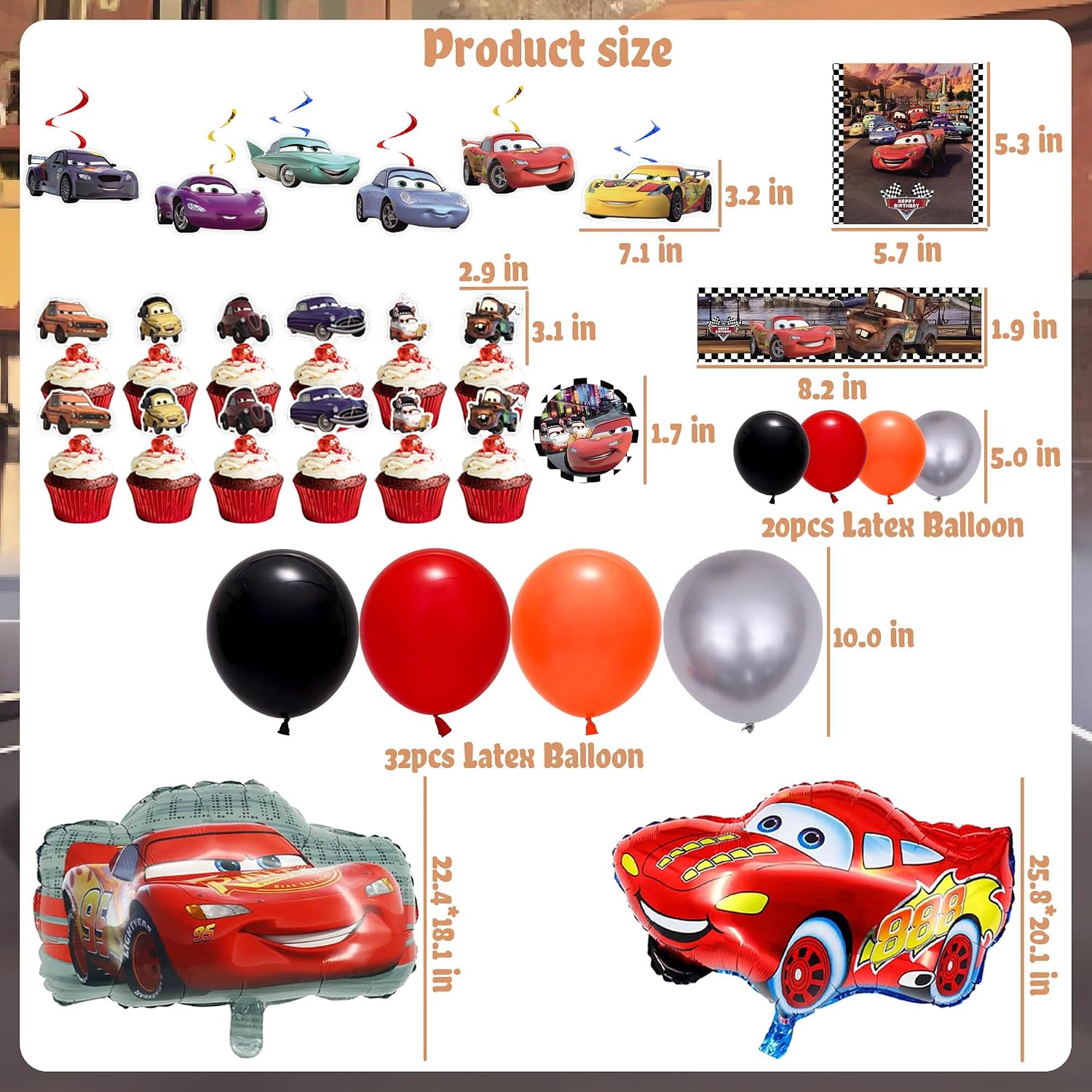 Cartoon Birthday Decorations, Car Themed Party Decorations Set with Balloon, Backdrop, Paper, Tableware, Tablecloth, Banner, for Adult Birthday Party