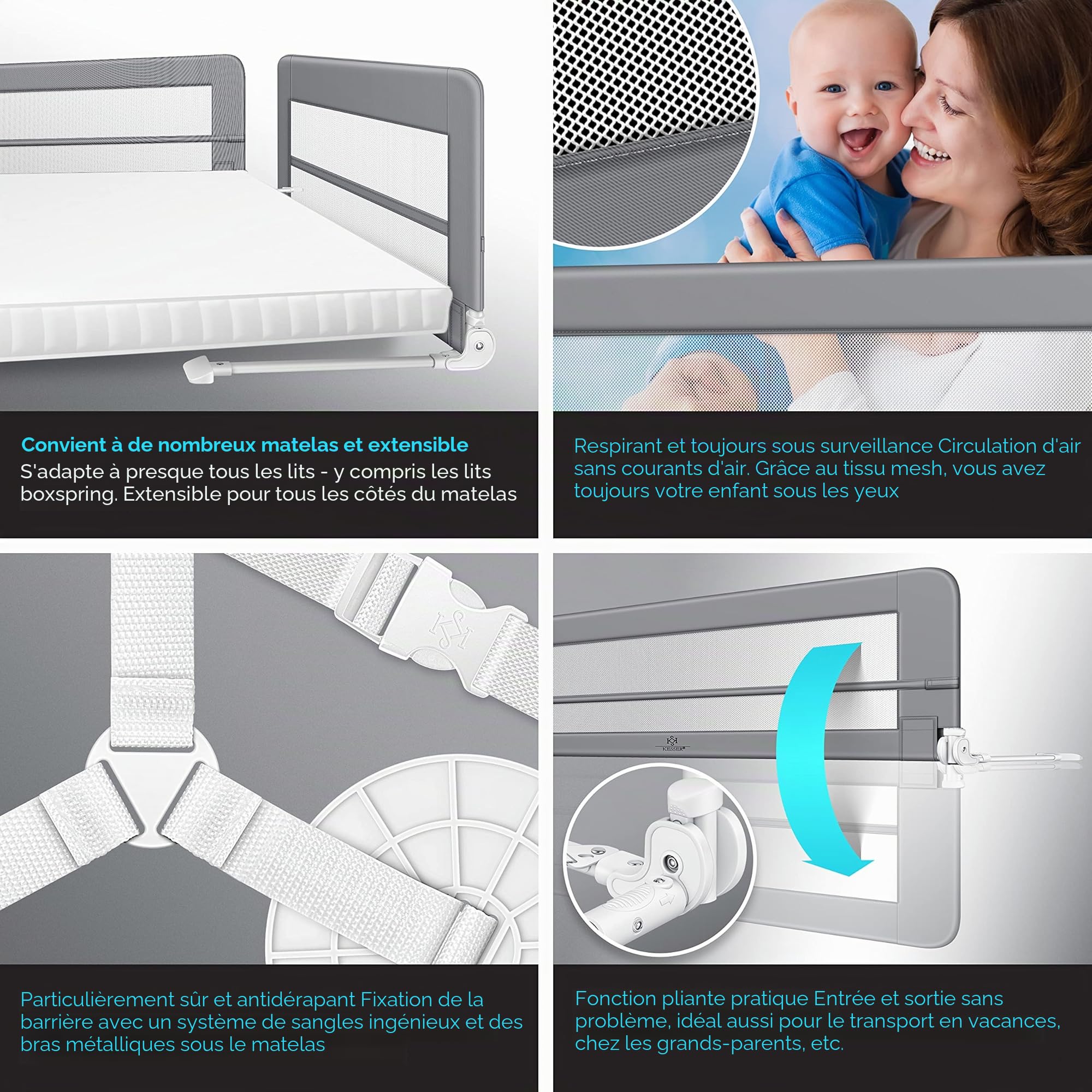 KESSER® Barrière de lit 150cm Barrière de lit pour Enfants Barrière de lit pour Bébé Pliable, Portable, Barrière de lit pour Enfants Protection Antichute, Gris Clair