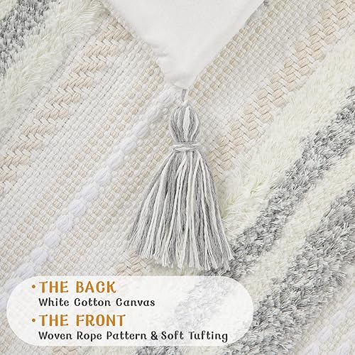 Miniatura 3 de decorUhome - Juego de 2 fundas decorativas lumbares de estilo bohemio para cama o dormitorio, acento neutro con tejido copetudo, 18 x 18 pulgadas