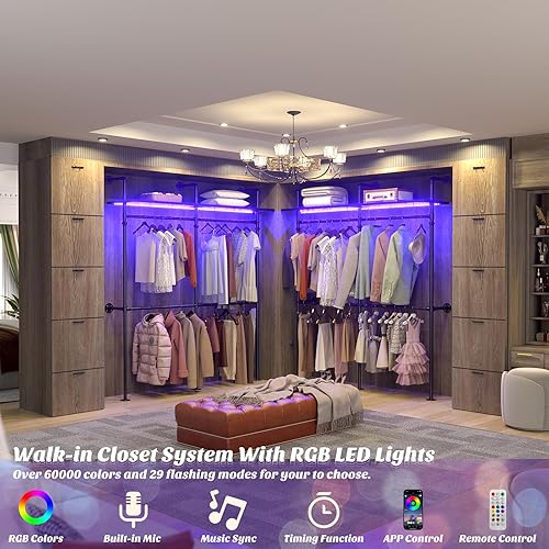 Miniatura 2 de Aheaplus Perchero industrial de tubo, perchero reversible de 118.3 pulgadas para colgar ropa, perchero resistente con luces LED y estantes, sistema