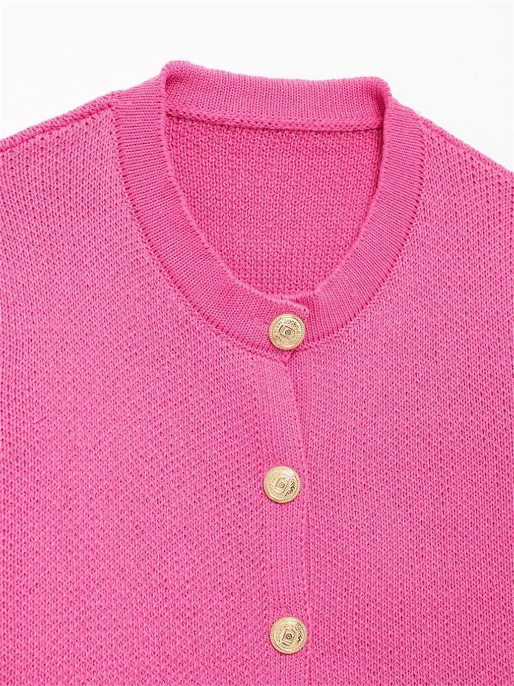 Women's Knitted Cardigan Sweater with Golden Buttons, Patch Pockets, Long Sleeve, Female Outerwear, Tops
