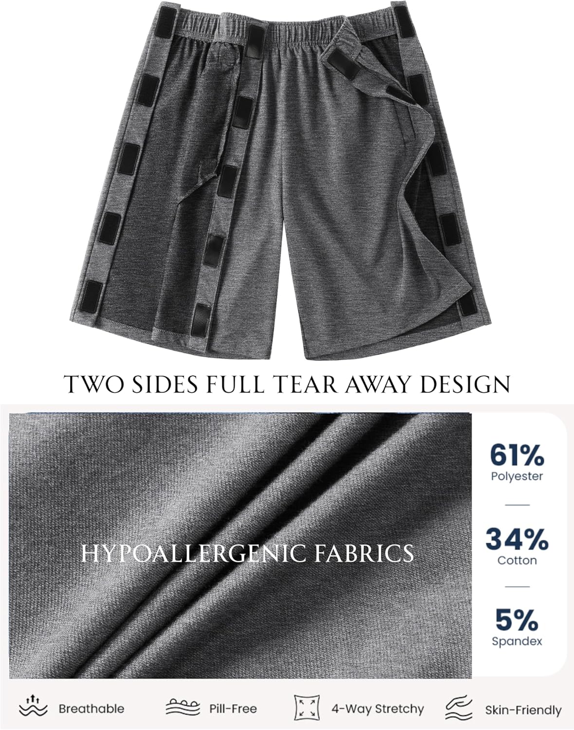 Deyeek Unisex Tear Away Shorts 9" Snap On Athletic Shorts Cotton Post Knee Hip Surgery Recovery Lounge Short with Pockets - Image 4