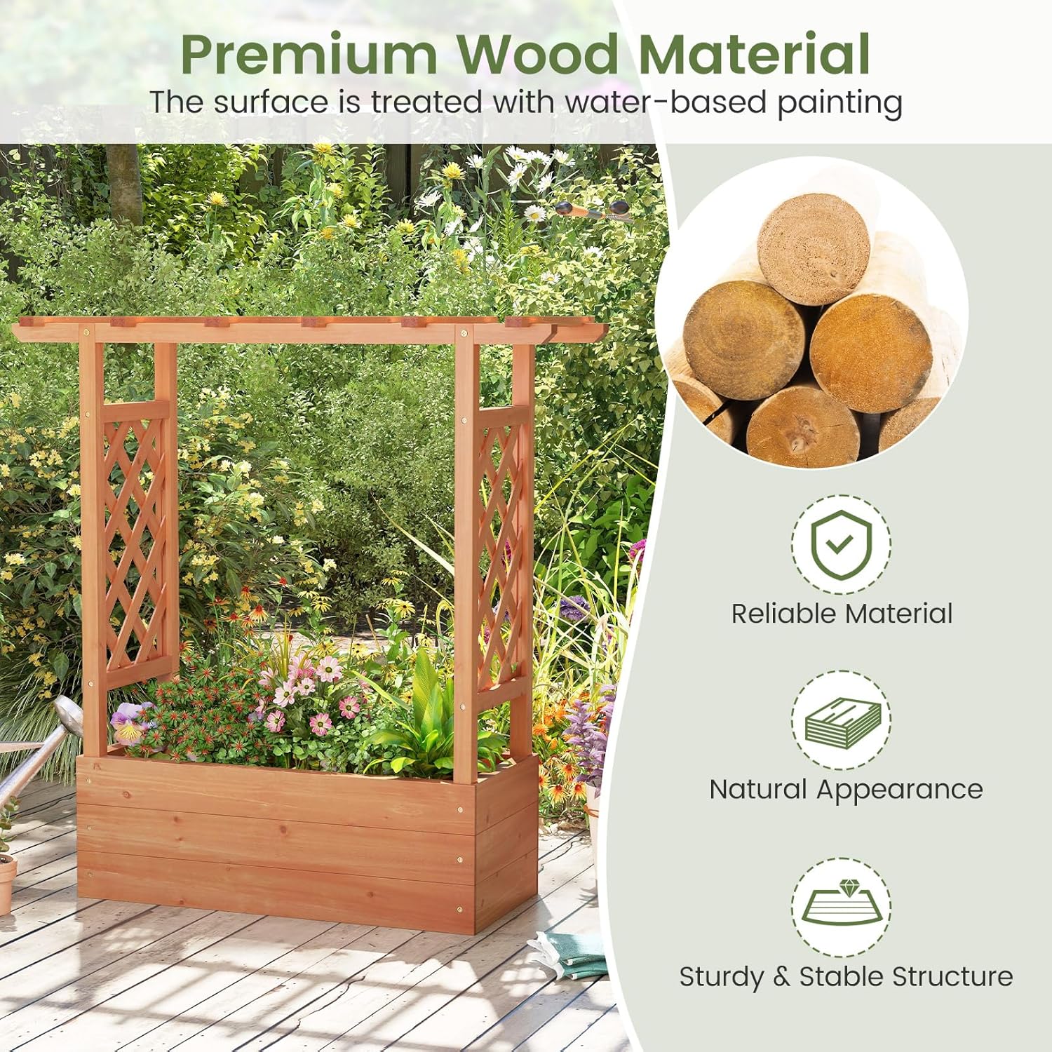 Giantex Set of 2 Raised Garden Bed with 2-Sided Trellis & Hanging Roof, Fir Wood Planter Box w/Drainage Holes, Freestanding Garden Planter for Flowers Herbs Climbing Vines (43"x15"x45")