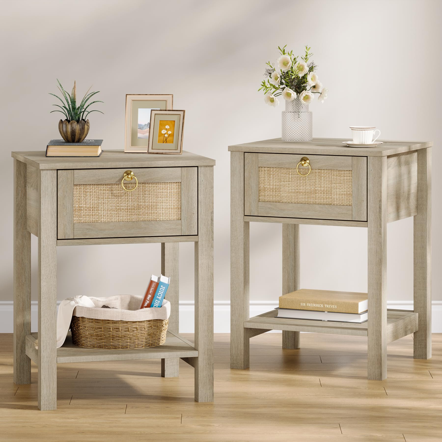 Eclatara Rattan Nightstand Set of 2: Sturdy White Night Stand with Rattan Decor Drawer, Farmhouse Nightstand Bedside Table Boho End Tables Side Tables