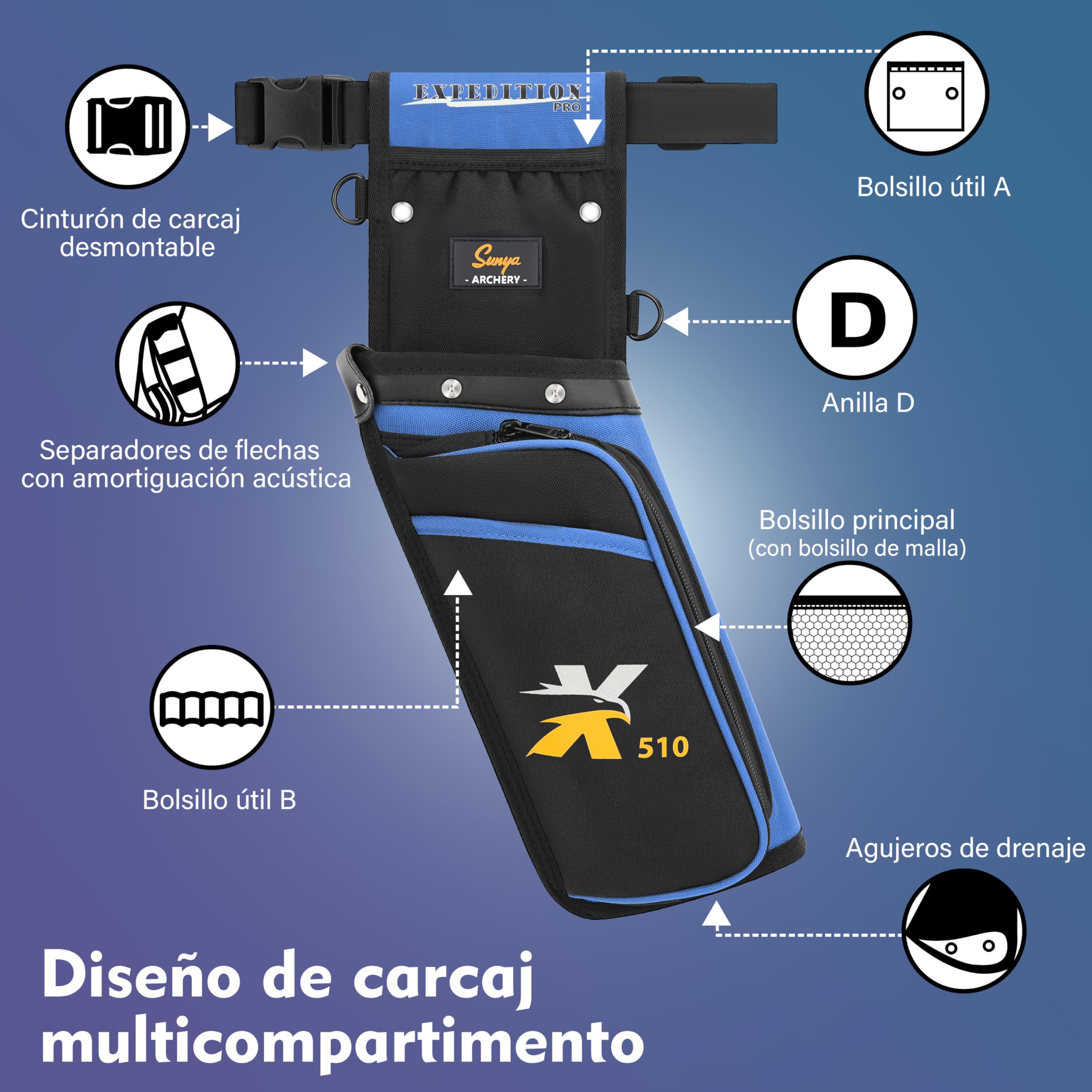 Sunya X510 Carcaj de Cadera para Campo y Competición | Carcaj de arquería silencioso de 3 Ranuras con Sistema de Almacenamiento Resistente (42x18cm)