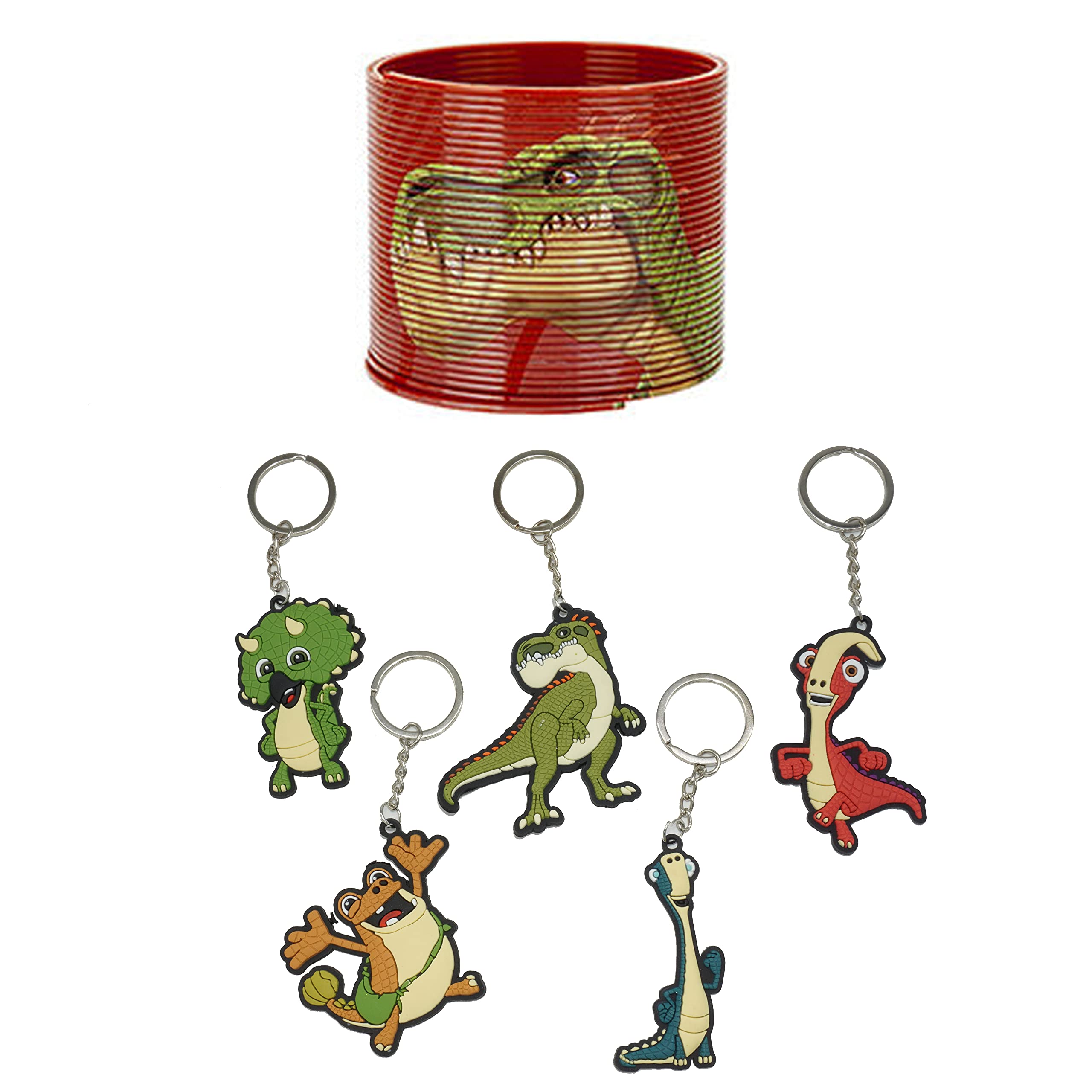SRV Hub 6PCS Gigantosaurus Dino Keychains & Magic Spring Set for Kids | Christmas Stocking Fillers, 5Pcs 2D Keyrings & 1x Red Spring, Fun Toys for Toddlers 3+