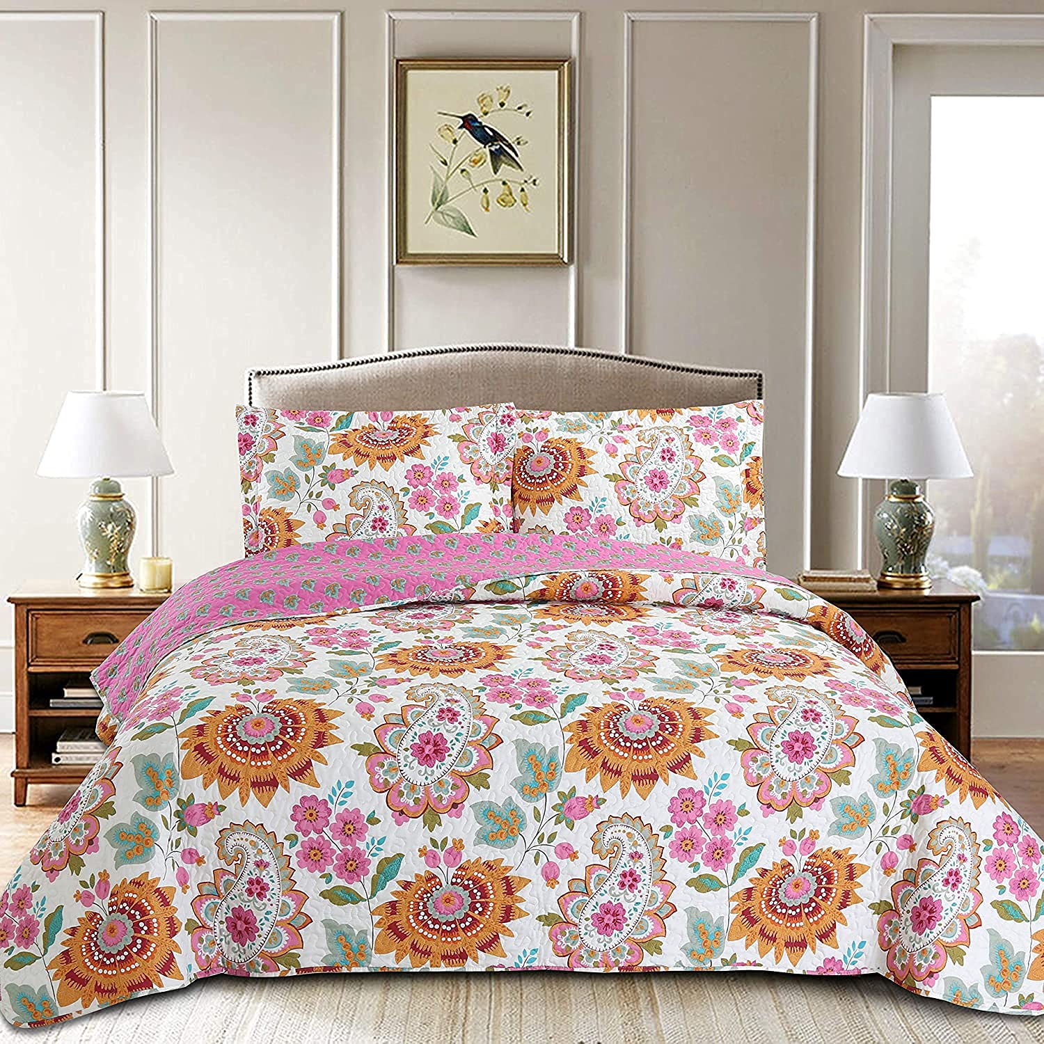 Cozy Line Home FashionsPink Orange Flower Burst Leaf Paisley Bloom Reversible Quilt Bedding Set, Bedspread, Coverlet Lightweight for All Seasons (Victoria Floral, Queen - 3 Piece)