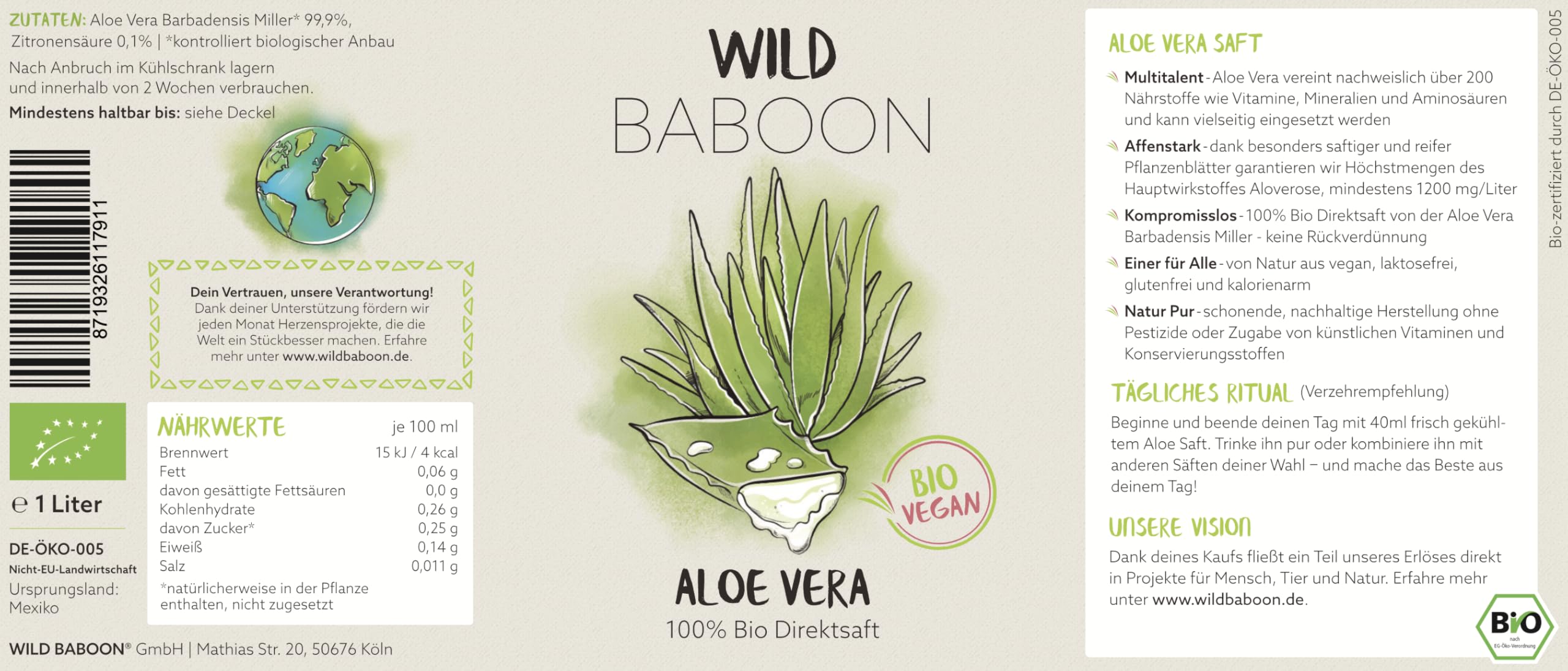 Wild Baboon Bio Aloe Vera Saft, 100% Direktsaft, 1200mg/Liter Aloverose, 1  Liter, nachhaltiger Anbau durch Familienbetrieb, Braunglas, Vegan, ...