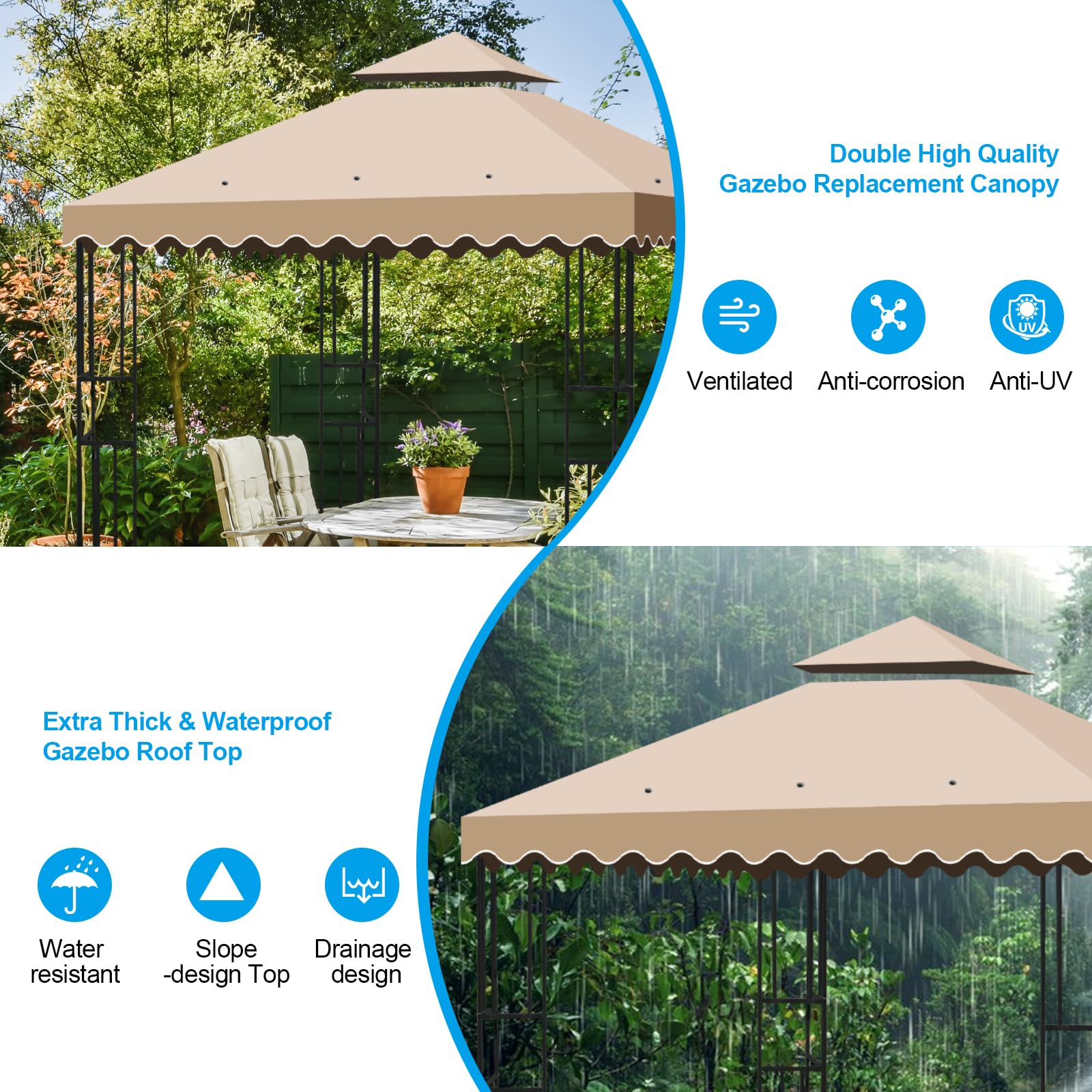 Tetto di Ricambio per Gazebo 3x3 Impermeabile, Telo Copertura 300D Poliestere Anti-UV Kaki