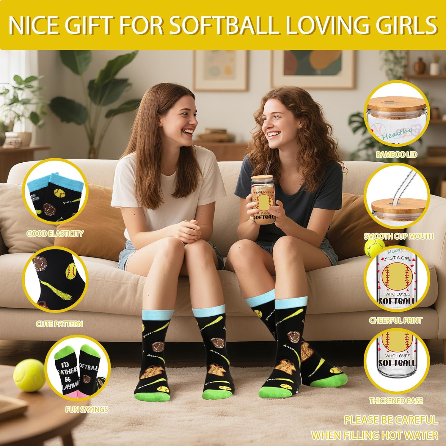 JenPen 4 Pcs Valentine's Day Softball Gifts for Women Girls Include 17oz Glass Cups with Lid Straw Softball Crew Socks Makeup Cosmetic Bag Keychain Accessories for Mom Coach Players Lover Teams - Image 4