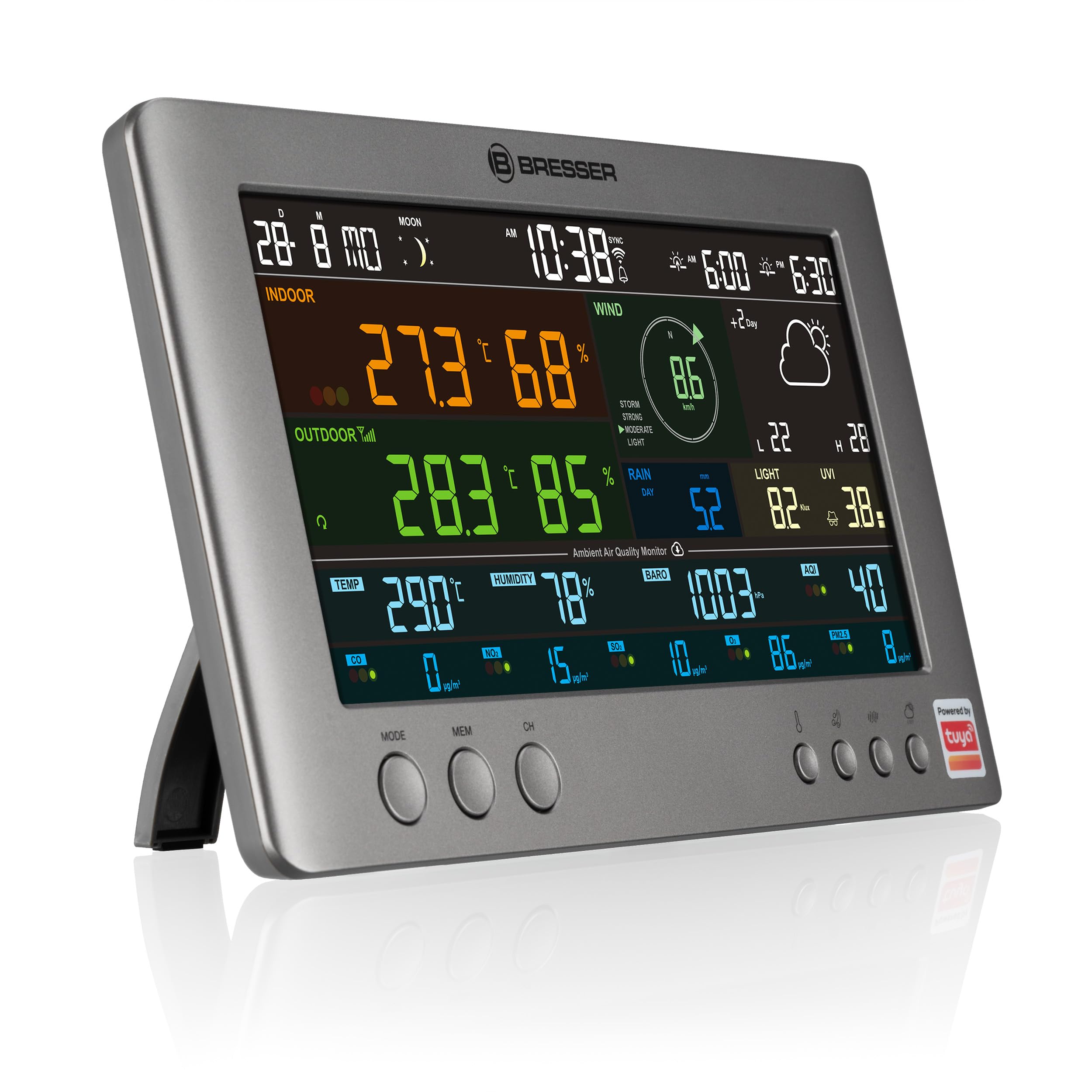 Bresser Tuya Stazione meteo professionale Wifi con sensore 7 in 1 | Temperatura interna ed esterna, umidità, pluviometro, anemometro, previsioni 6 giorni, app Tuya, qualità aria