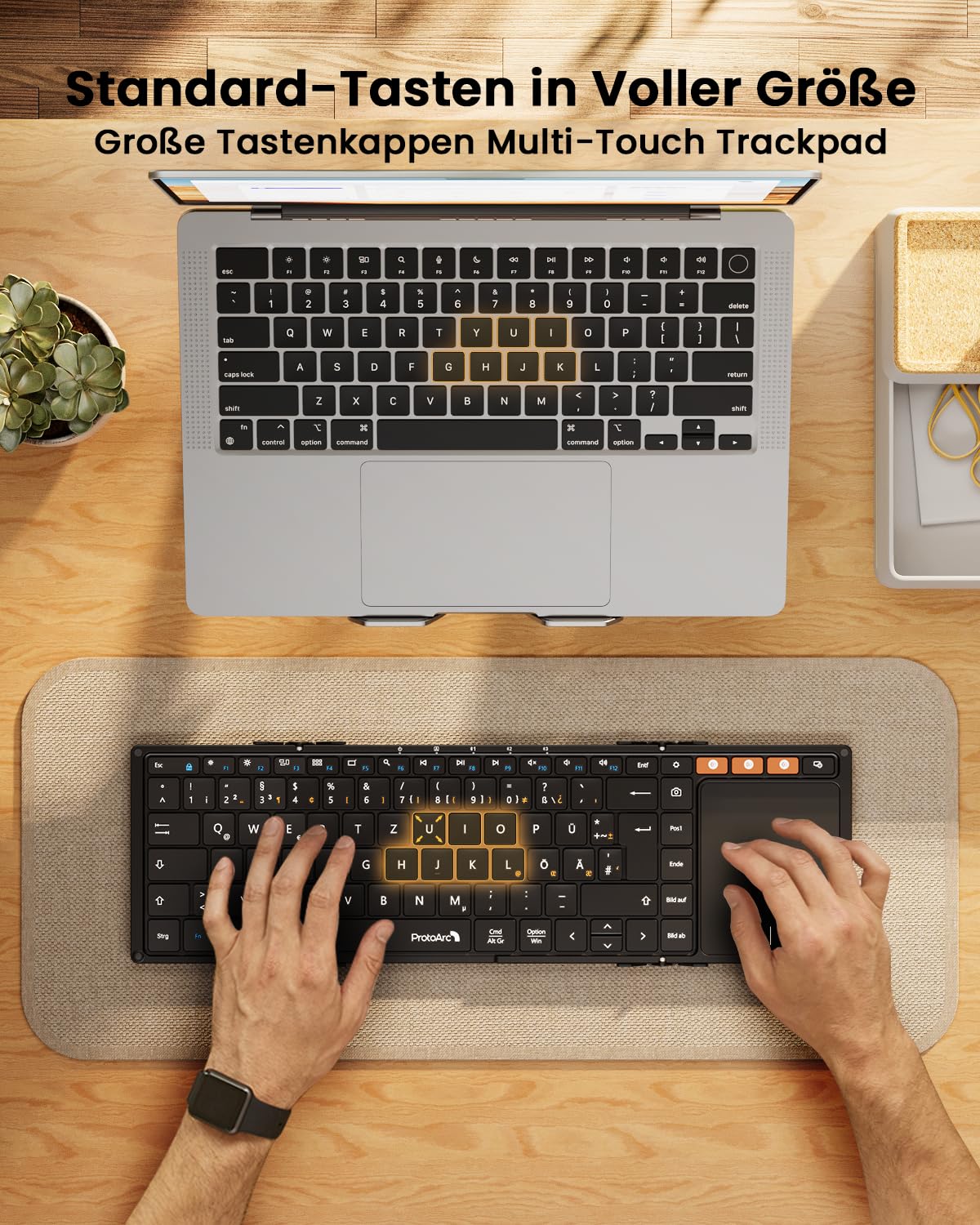 ProtoArc XK01 TP Bluetooth Tastatur Faltbare mit Touchpad, Tastatur Kabellos Klappbare QWERTZ Deutsch mit Groß Trackpad für iPad, iOS, Android, Windows Laptop PC Tablet - Schwarz