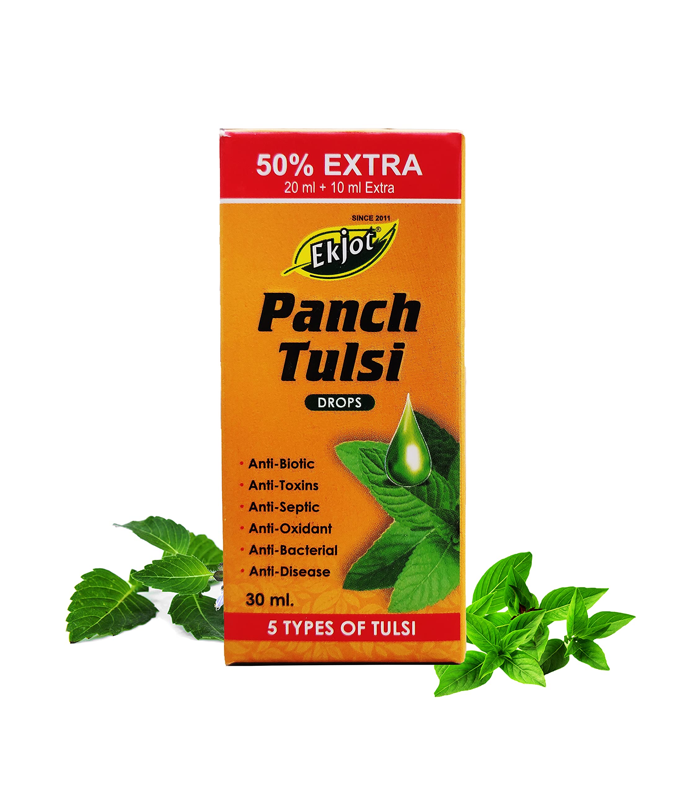 EKJOT HERBALS Panch Tulsi Drops- 50% Extra: Extract of 5 Rare Tulsi for Immunity Boosting, Cough and cold Relief | (20ml +10ml Free) | Natural GMP Certified Product
