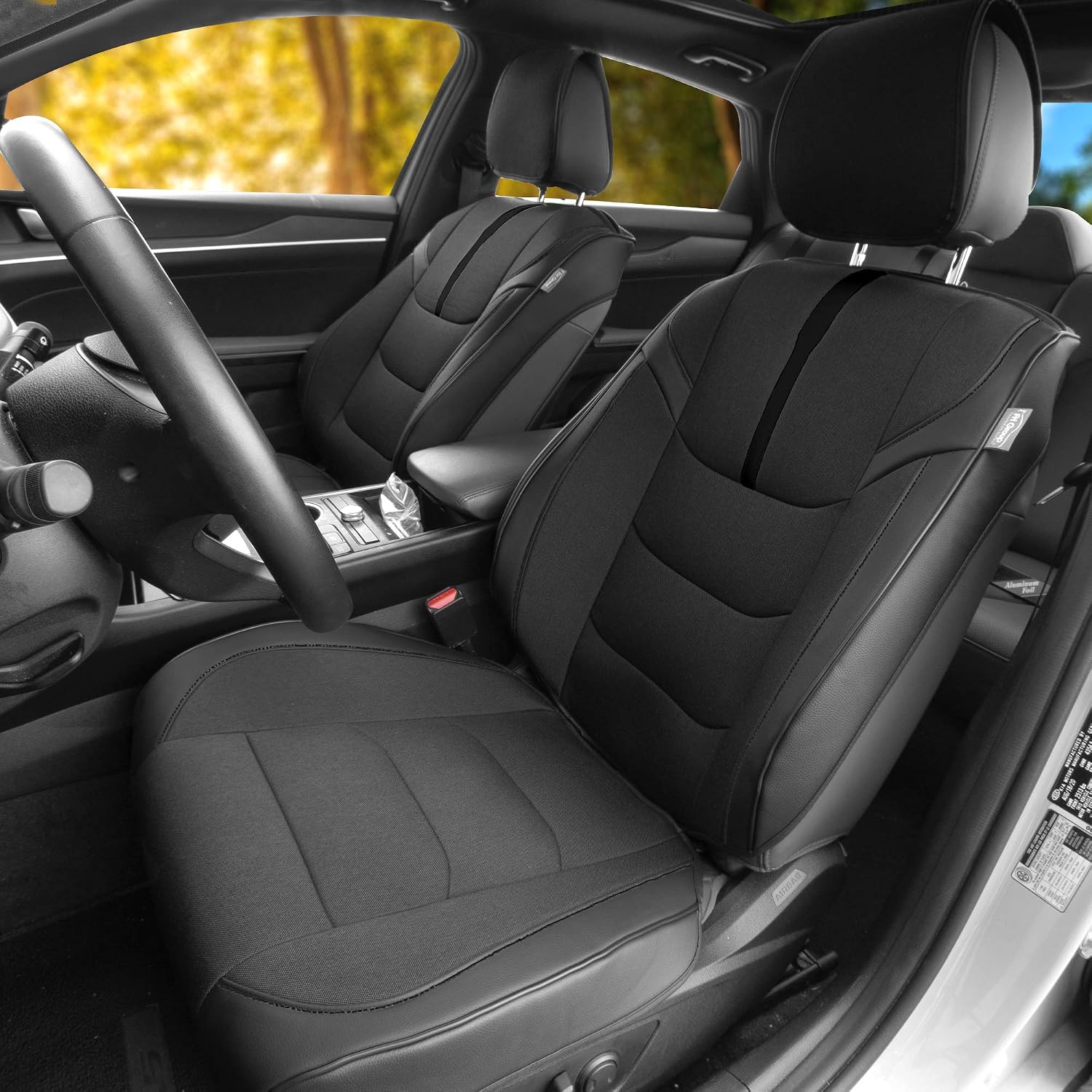 FH Group Universal Fit Sleek Luxury Front Car Seat Cushions with Leatherette Trim for Most Cars, Trucks, SUVs or Vans (Black)