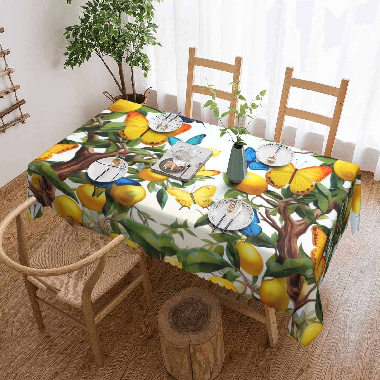 Nappe rectangulaire imperméable citrons et papillons 137x183cm pour table de cuisine
