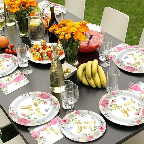 Miniatura 6 de ZOIIWA 96 piezas Platos y servilletas "She Said Yes" Decoraciones de compromiso Platos y servilletas de papel para postres "She Said Yes" Juego