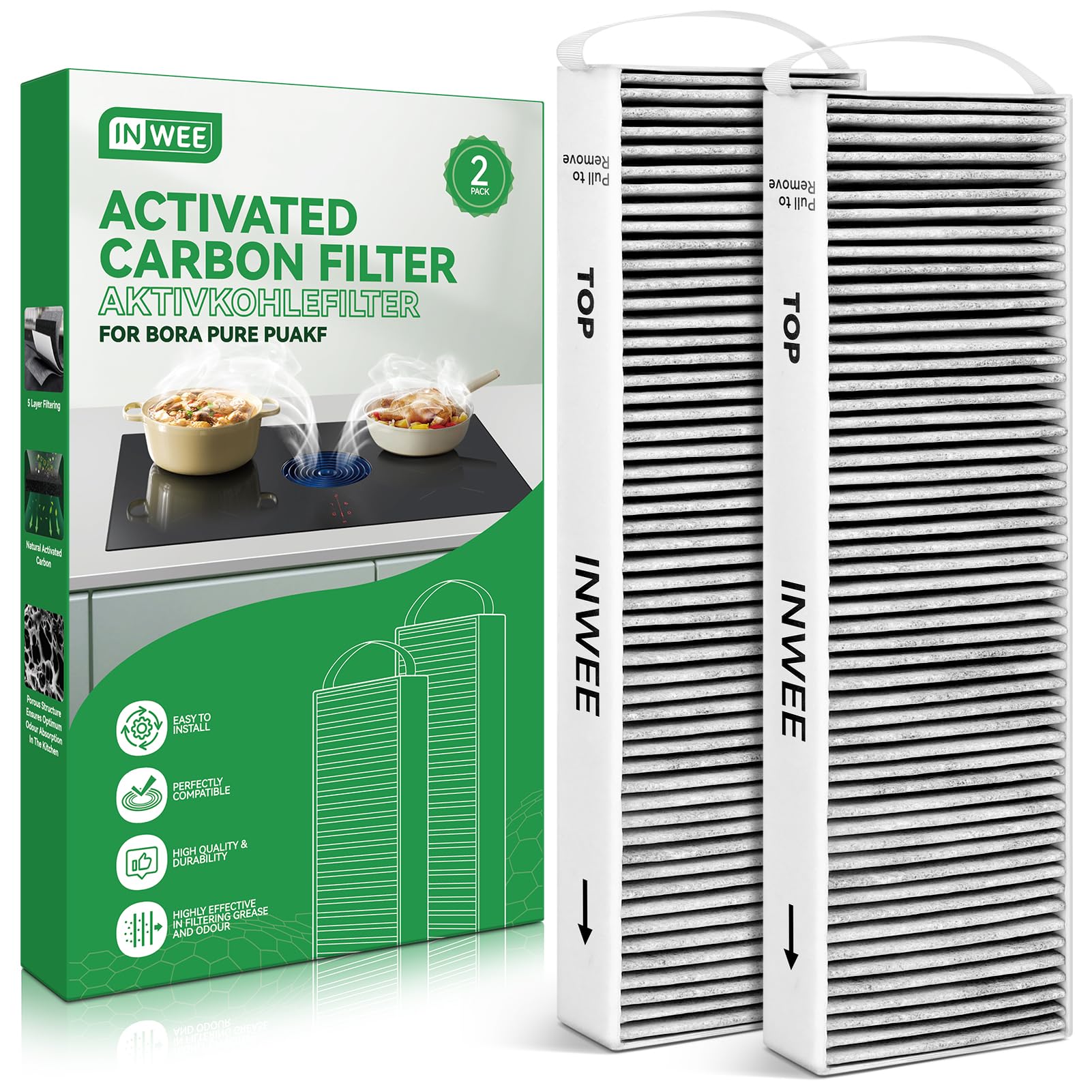 Filtre à Charbon Actif pour Bora Pure PUAKF, 2 x Filtre à Charbon de Haute Qualité pour Table de Cuisson Puru ou Puxu, Remplace PUAKF, Accessoires de Filtre Pure