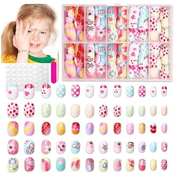 120Pcs Kids Press on Nails, CYHYII Short Colorful Fake Nails for Girls, Fun and Safe Acrylic False Nails Kit with Jelly Nail Adhesives, Easy Apply Full Cover Nail Art for Children
