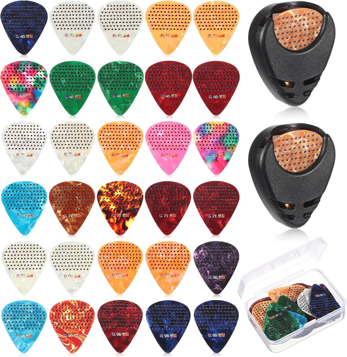 30 Pieces Guitar Picks with Grips Non-slip, Variety Colorful Guitar Celluloid Plectrums Includes Thin Medium Heavy Thickness Non-slip Guitars Pick for Bass Electric Acoustic with Holder and Case