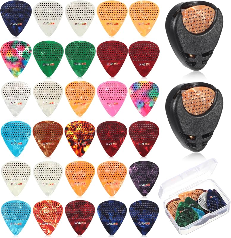30 Pieces Guitar Picks with Grips Non-slip, Variety Colorful Guitar Celluloid Plectrums Includes Thin Medium Heavy Thickness Non-slip Guitars Pick for Bass Electric Acoustic with Holder and Case