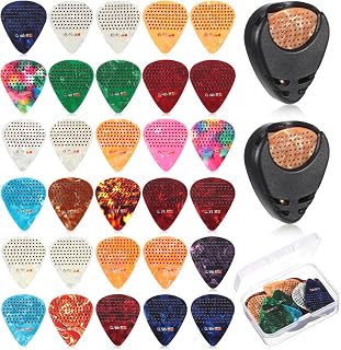 30 Pieces Guitar Picks with Grips Non-slip, Variety Colorful Guitar Celluloid Plectrums Includes Thin Medium Heavy Thickness Non-slip Guitars Pick for Bass Electric Acoustic with Holder and Case