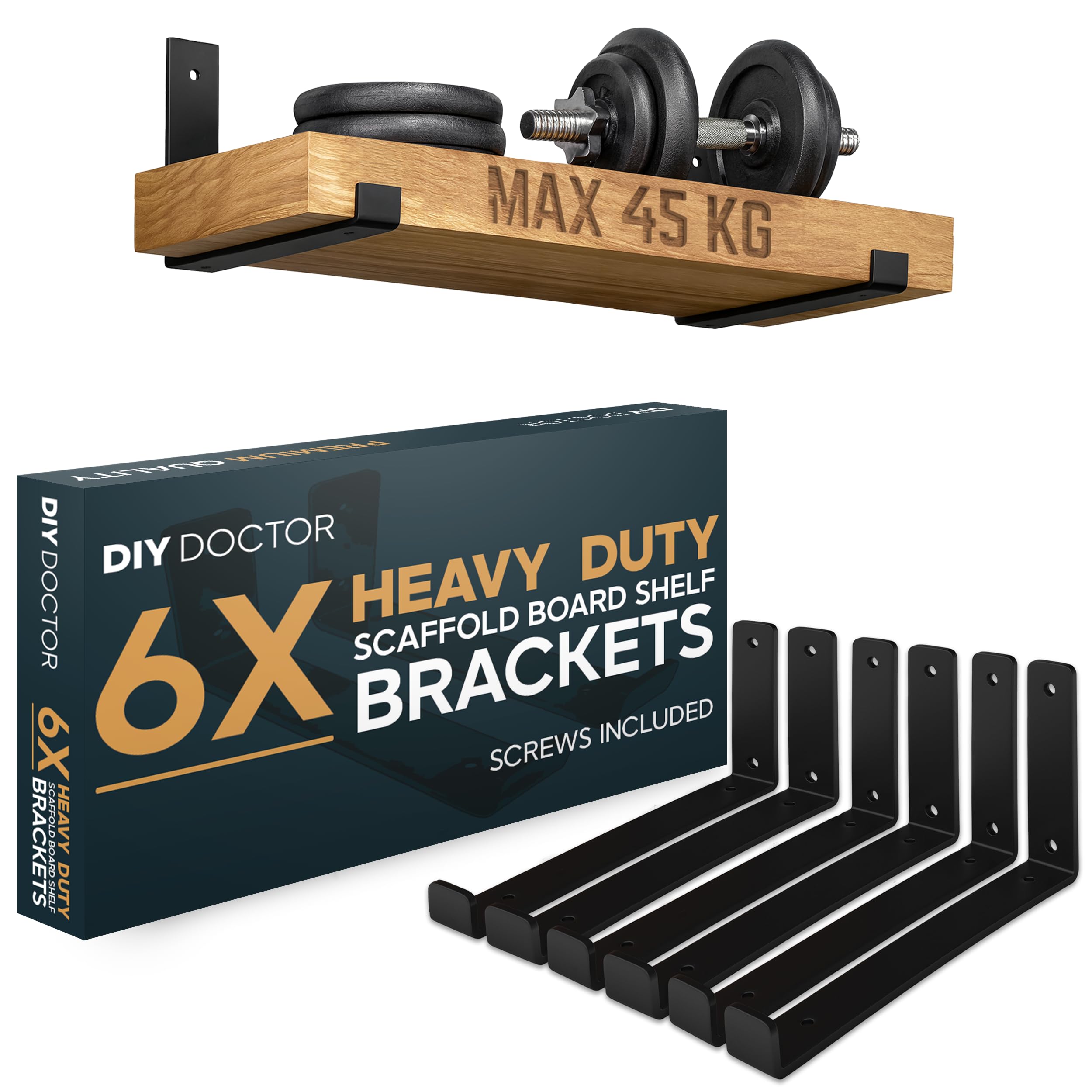DIY Doctor Heavy-Duty Scaffold Board Shelf Brackets, Set of 6, 23.5cm, Black Industrial & Rustic Metal Shelf Supports, Wall-Mounted Storage & Home Décor