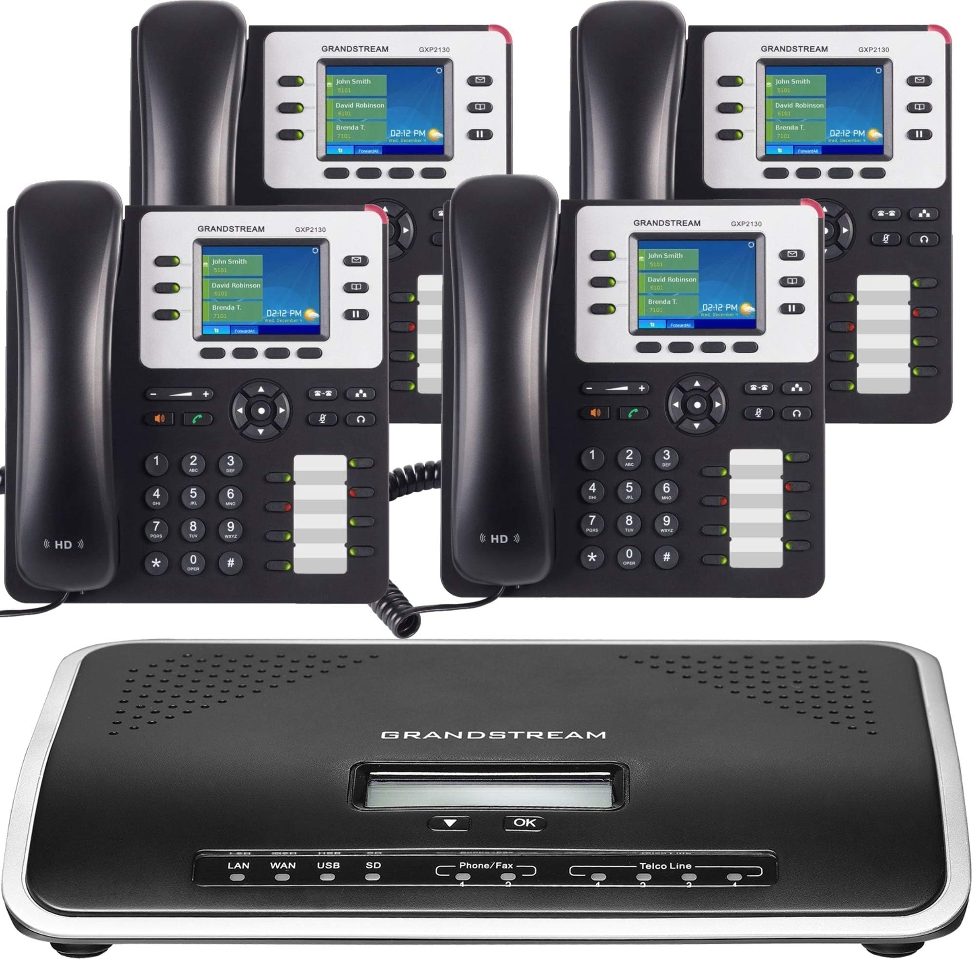 Business Phone System by Grandstream: Enhanced Pack with Auto Attendant, Voicemail, Cell & Remote Phone Extensions, Call Recording & Free Mission Machines Phone Service for 1 Year (4 Phone Bundle)