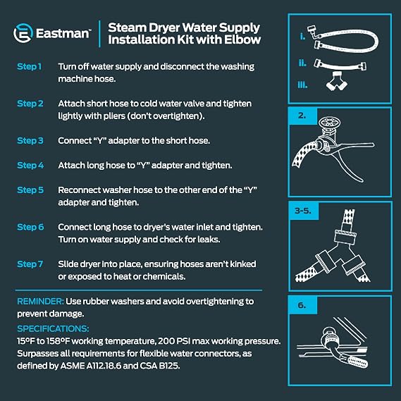 Eastman Steam Dryer Installation Kit, 3/4 Inch FHT Fill Hose, 90 Degree Elbow, 6 ft Braided Stainless Steel Hoses, 41025