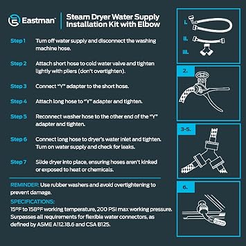 Eastman Steam Dryer Installation Kit, 3/4 Inch FHT Fill Hose, 90 Degree Elbow, 6 ft Braided Stainless Steel Hoses, 41025