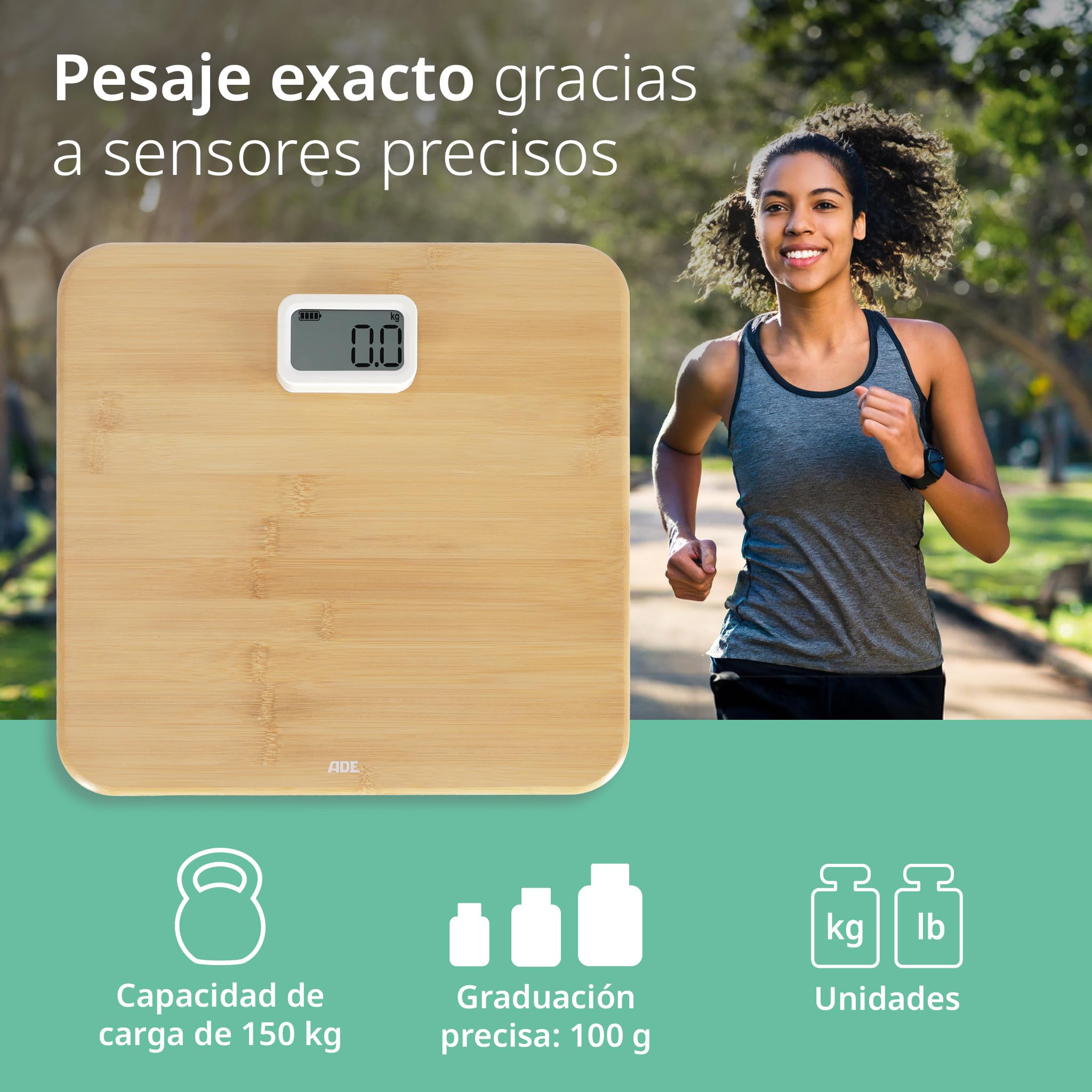 ADE Báscula corporal digital sin pilas | con dinamo respetuoso al medio ambiente | resultados de pesaje precisos en pasos de 100 g | superficie de pesaje de auténtica madera de bambú | hasta 150 kg