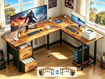 Gizoon 66 Inch L Shaped Desk with Power Outlet Reversible Home Office Desk