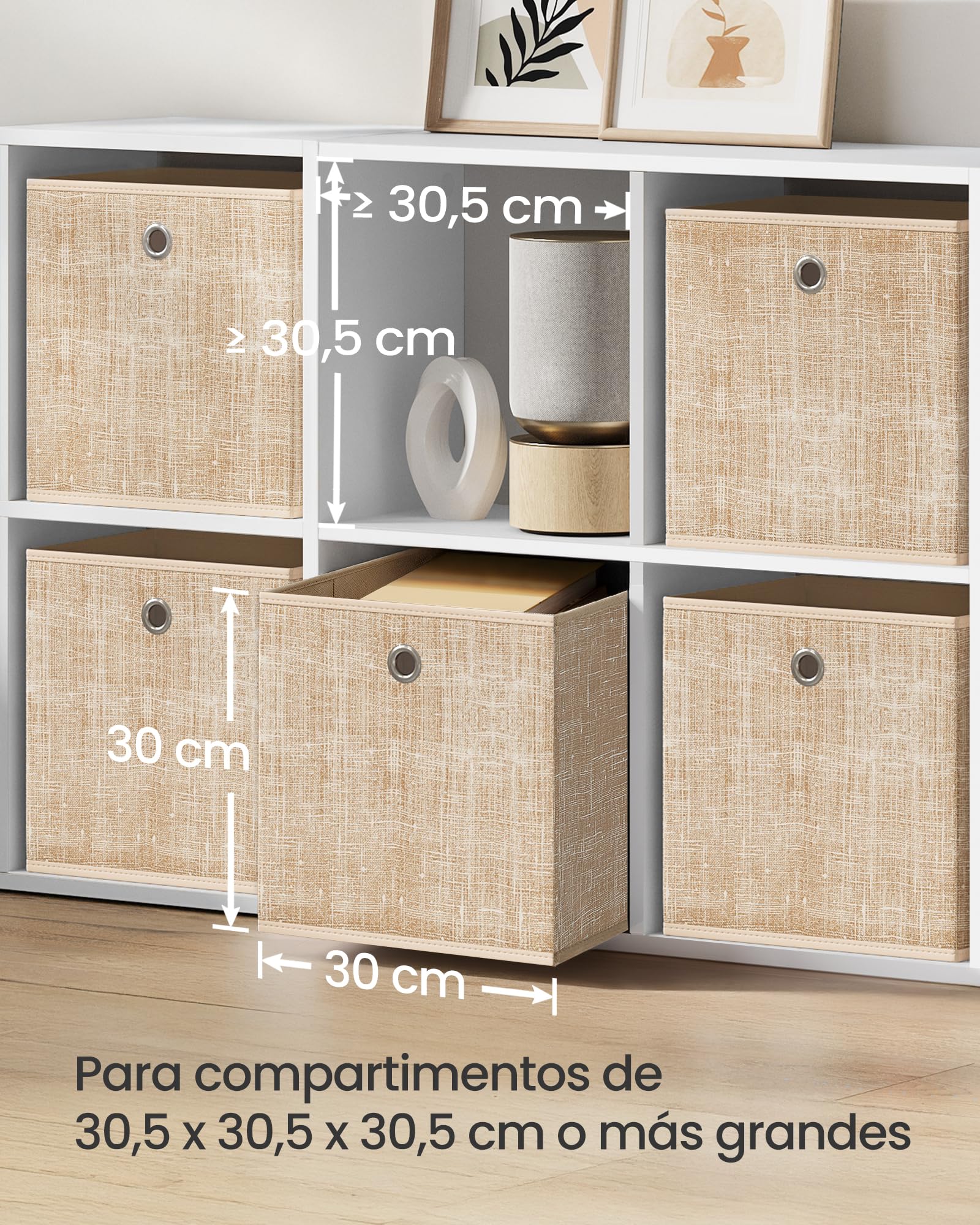 SONGMICS Cajas de Almacenamiento, Juego de 6 Cajas de Tela No Tejida con Asa, 30 x 30 x 30 cm, Unidad de Almacenamiento, para Estantes, Plegable, Almacenamiento de Ropa, Beige Arena RFB006K03