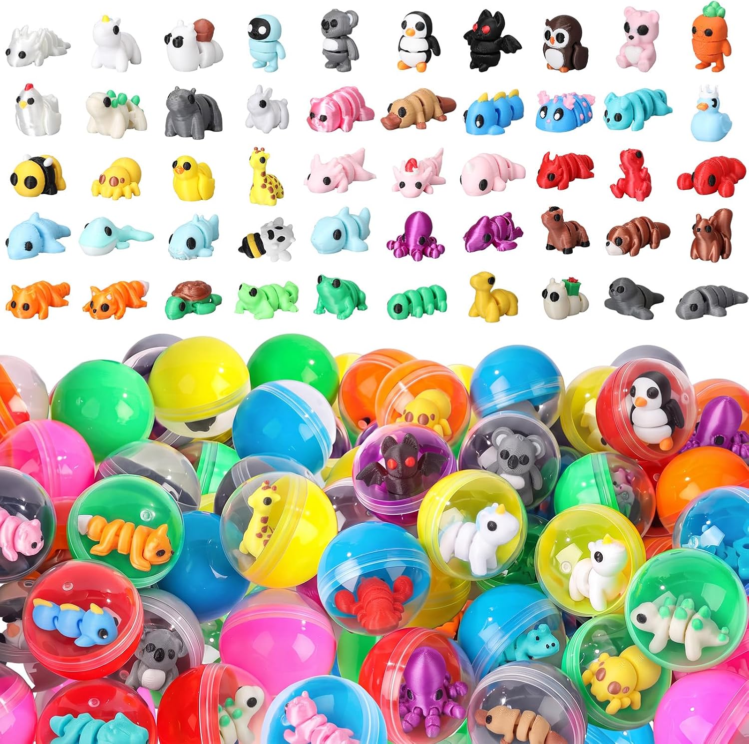 50 Pcs Mini 3D Printed Animals with 50 Capsules Set, Cute