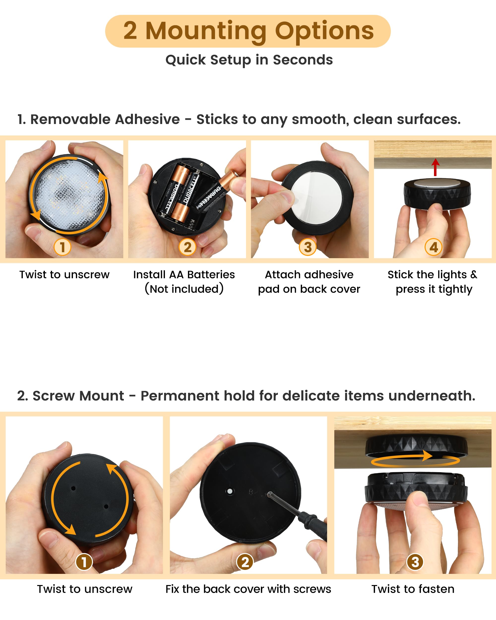 Luci LED Puck a batteria, luci senza fili per armadio, luci da incasso, con telecomando, cambiano colore sotto le luci da cucina, libreria, confezione da 2, colore nero