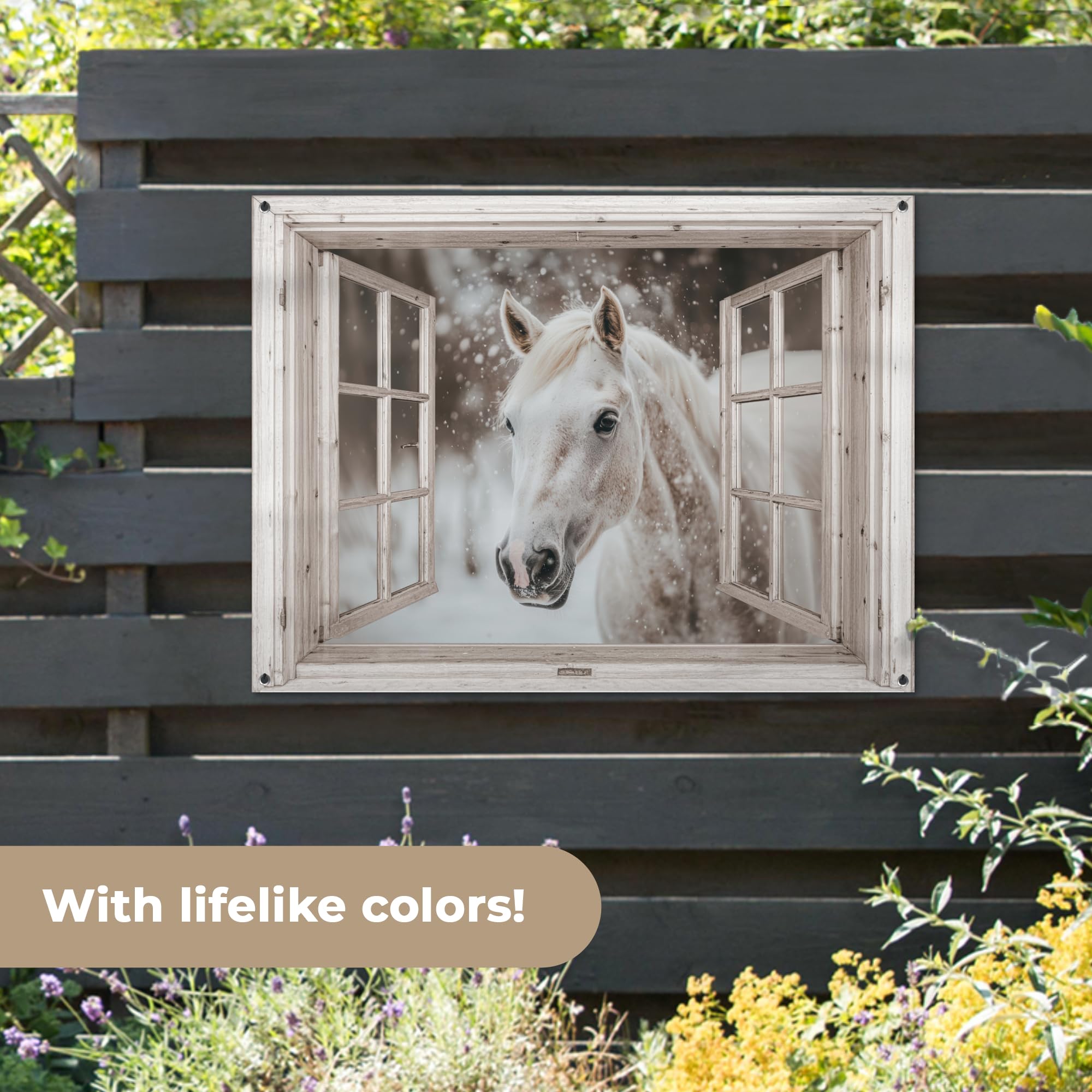 MuchoWow© Póster De Jardín Terraza Exterior Accesorios Jardin Decoracion | 120x90 cm - Pared Decorativa Balcon Wall Decoration Posters Decorativos Caballo - Blanco - Invierno - Nieve - Transparente