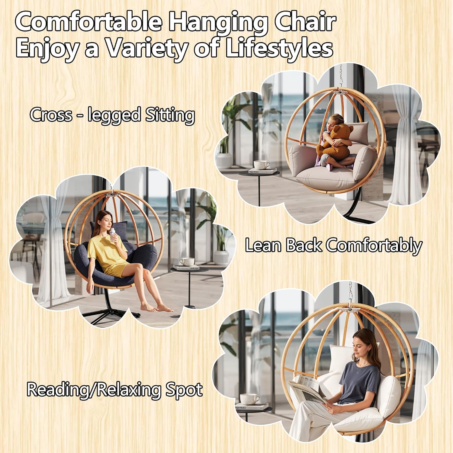 Egg Chair Outdoor, Imitation Rattan Hanging Egg Chair with Stand, Hanging Chairs with Cushions, 80" High All Weather Basket Swinging Chairs, Egg Swing Chairs Outdoorfor Balcony/Deck, Khaki