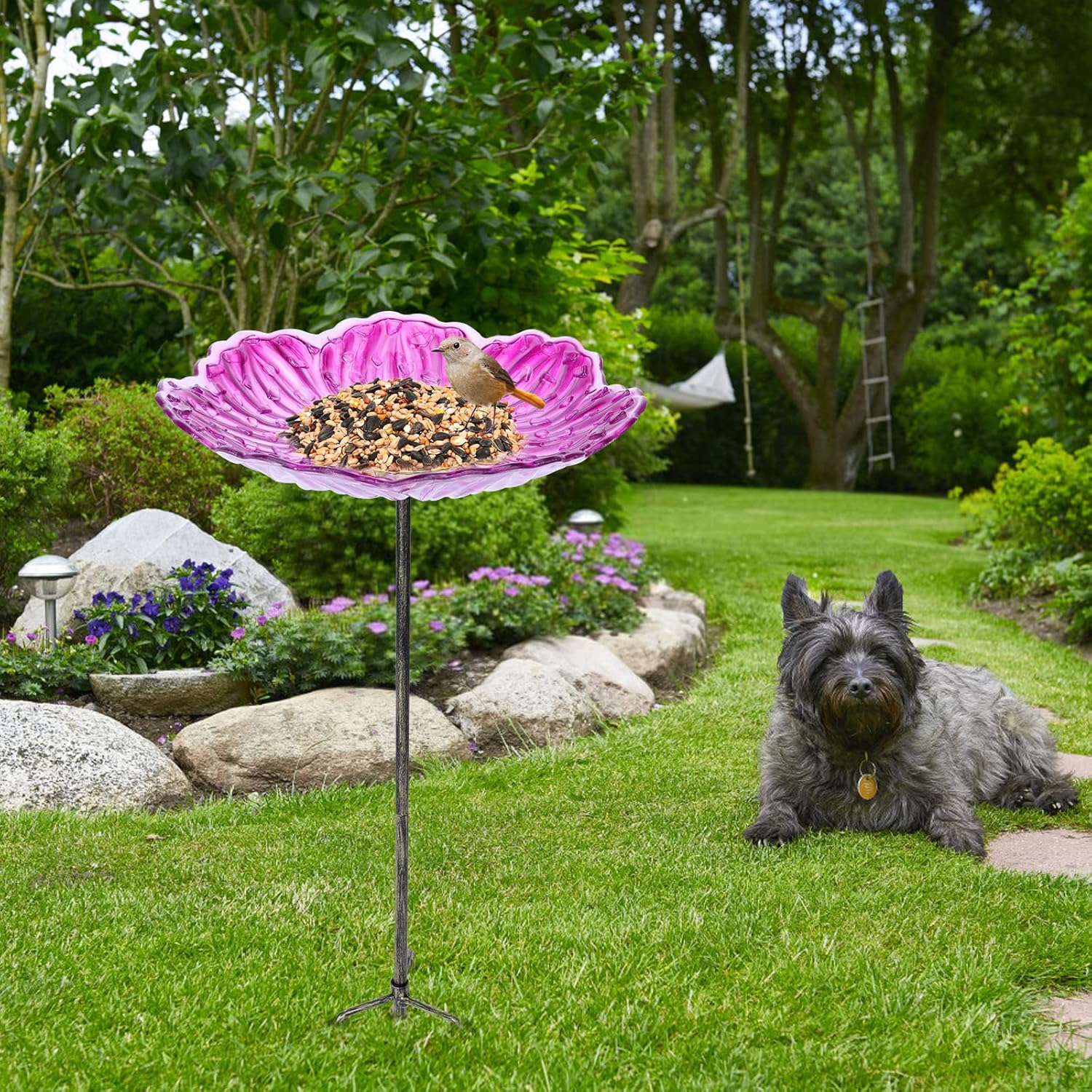 MUMTOP Glass Bird Baths for Outdoors, 12 Inch Bird Bath Bowl with Metal Stake Sunflower Bird Feeders for Garden and Patio Decor