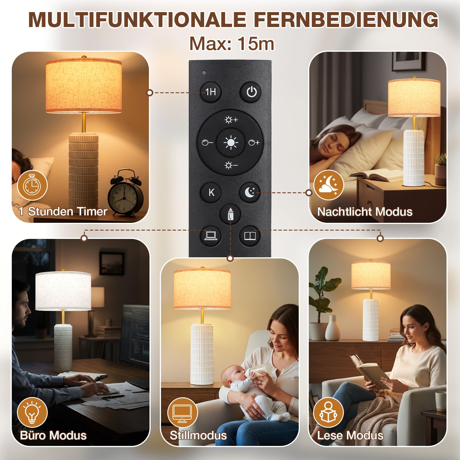 Tischlampe Keramik 2er Set mit Timer, Dimmbar Nachttischlampe Fernbedienung | 1.3kg Keramiksockel & Leinenschirm mit Stufenlos 3 Farbtemperaturen Dimmbar, Vintage für Schlafzimmer, Wohnzimmer, Büro