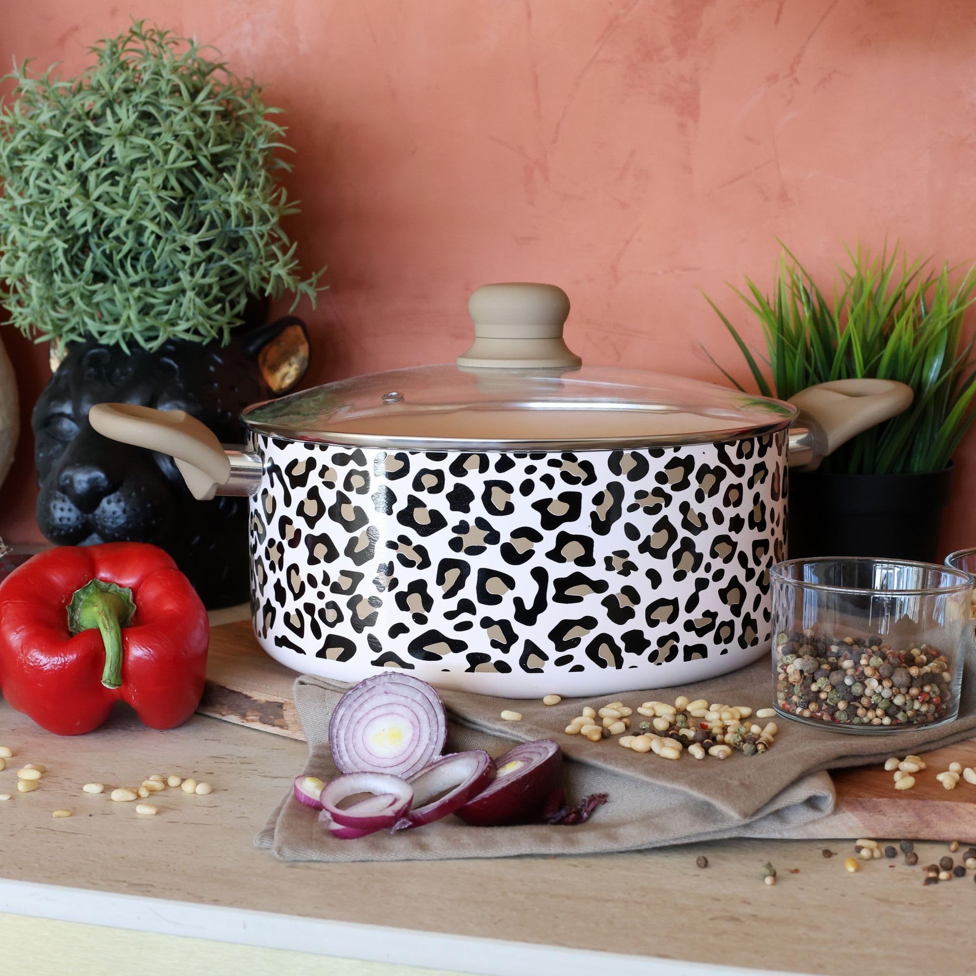 MENASTYL - Pentola Leopardo 24 cm per tutti i piani cottura, inclusa induzione - Rivestimento antiaderente - Alluminio riciclato - Manico ergonomico effetto legno - Motivo leopardo - 6020956