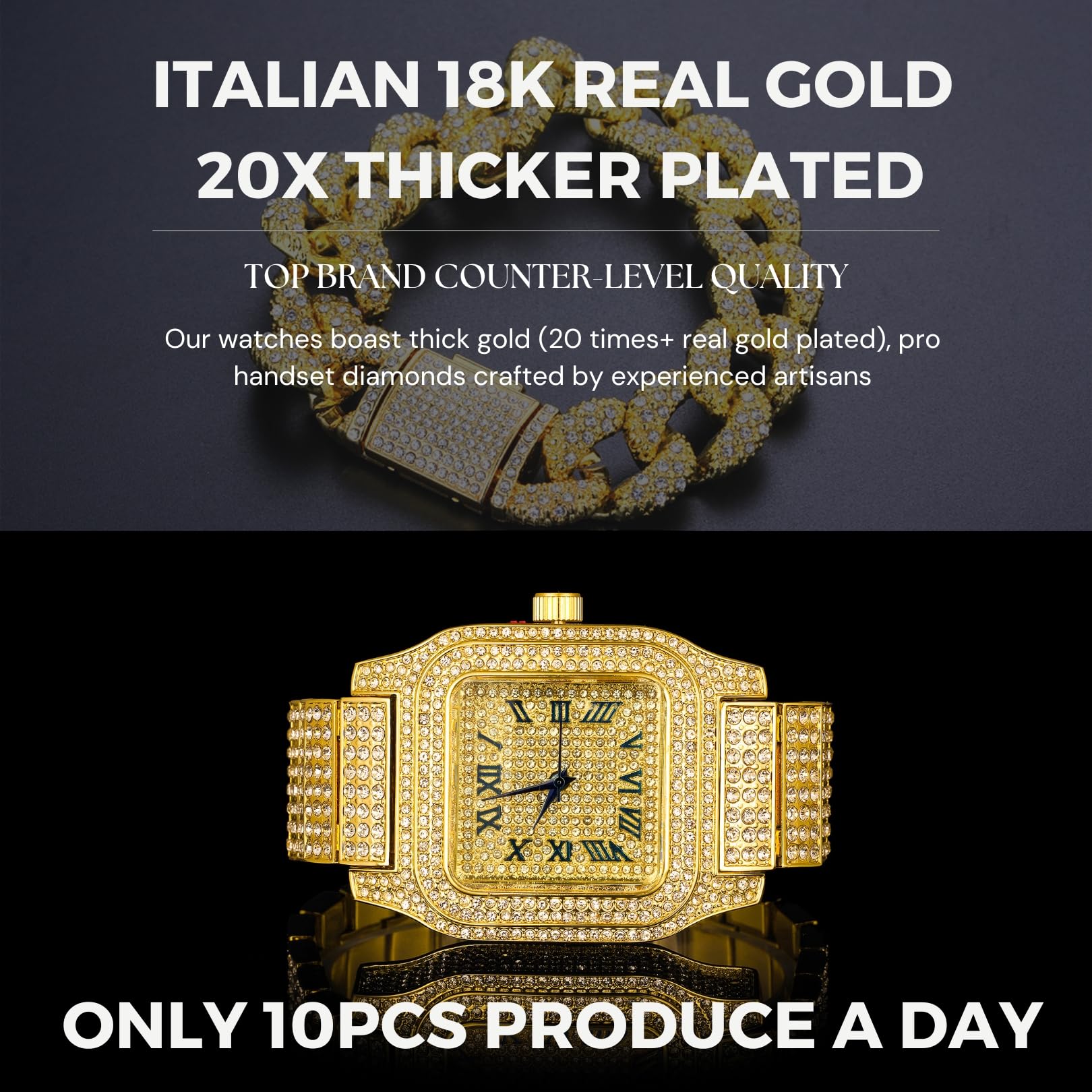 Halukakah Moissanit-Diamant Uhr für Männer – THE Kingdom - 18k Echtgold/Platin Weißgold Plattiert,Schweizer Quarz Römische Ziffern Quadratisches Zifferblatt,22cm Armband,Optional mit Cuban-Link Kette