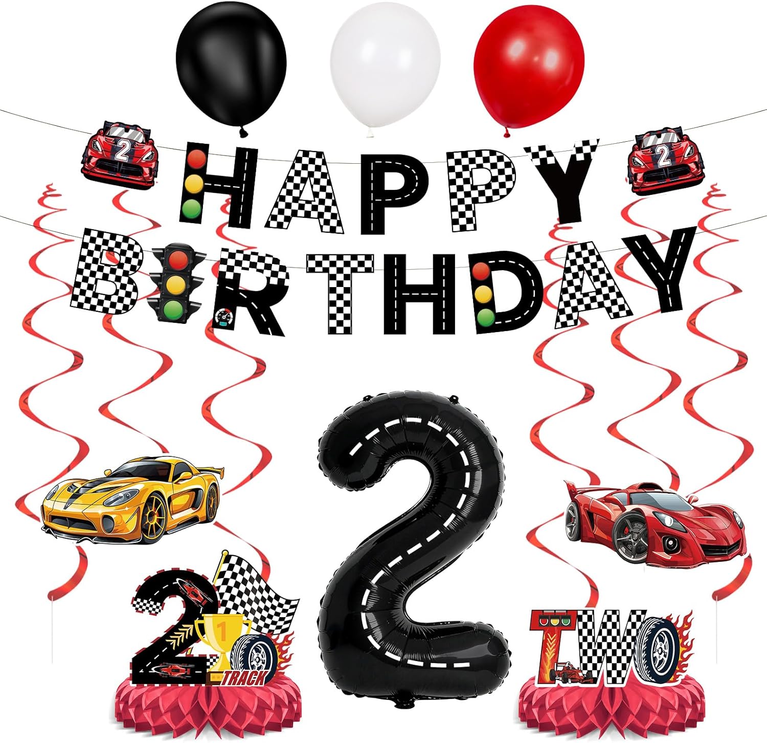 Two Fast Birthday Decorations for Boys - Racing Car 2nd Birthday Party Supplies, Race Track Number 2 Balloon, Happy Birthday Banner, Honeycomb Centerpieces, Red Black Checkered Flag Decor