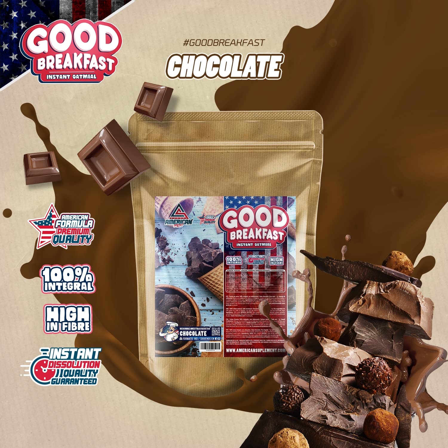 AS American Suplement | Farine d'Avoine Complète | Faible en Sucres et en Graisses | Source de Fibres de Qualité et Riche en Protéines | Idéale pour des Desserts Sains | Chocolat