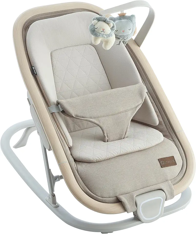 2-in-1 Baby Bouncer &amp; Rocker,Portable Baby Bouncer Seat for Babies 0-9 Months, Baby Rocking Chair with 3 Reclining Positions,Wood Accents,Soft Newborn Insert - Beige