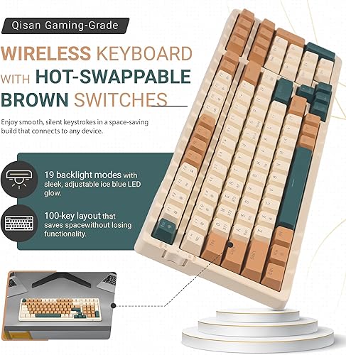 Miniatura 2 de Qisan Teclado mecánico inalámbricocon cable, triple modo 2.4GUSB-CBT teclado inalámbrico para juegos, 100 teclas (98%) diseño de EE. UU.,