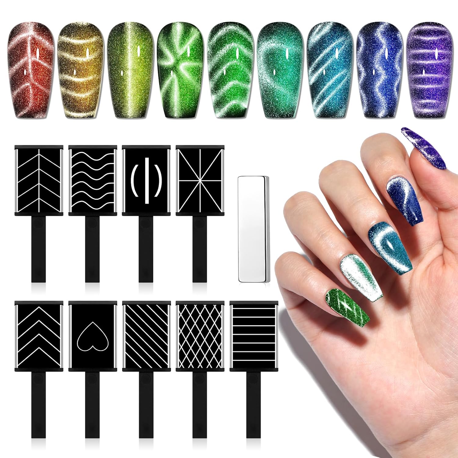 SAVILAND Cat Eye Magnet for Nails: 10PCS CatEye Gel Nail Polish Strong Nail Magnets Set 1000+Styles Creation Magnetic Wand Quicker DIY Nail Art Tools for Enthusiasts Technicians Salon Home Studio