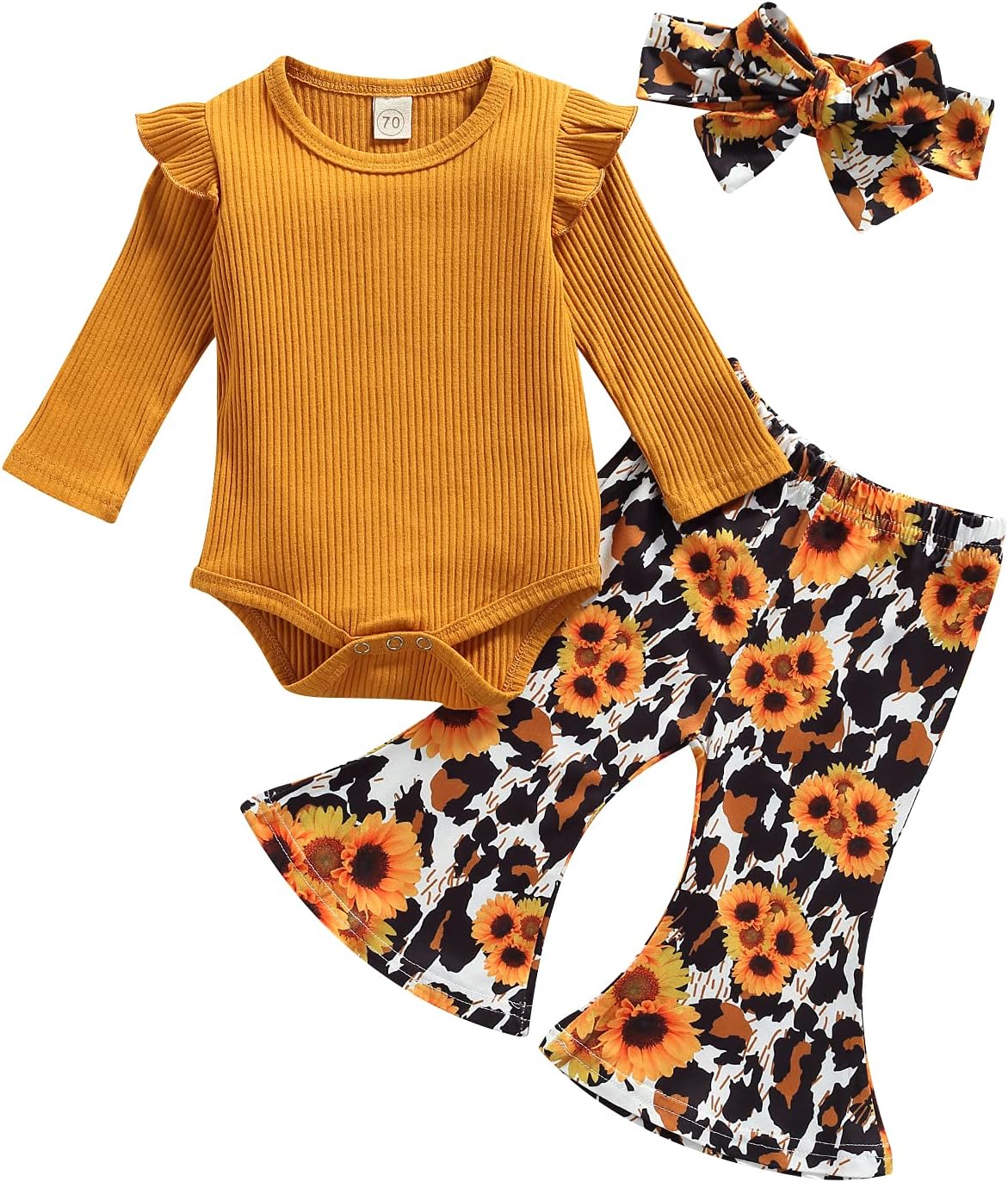 Mioliknya Newborn Baby Girl Clothes Sets Ribbed Ruffle Long Sleeve Romper Top Flare Pants Headband Fall 3PCS Outfit