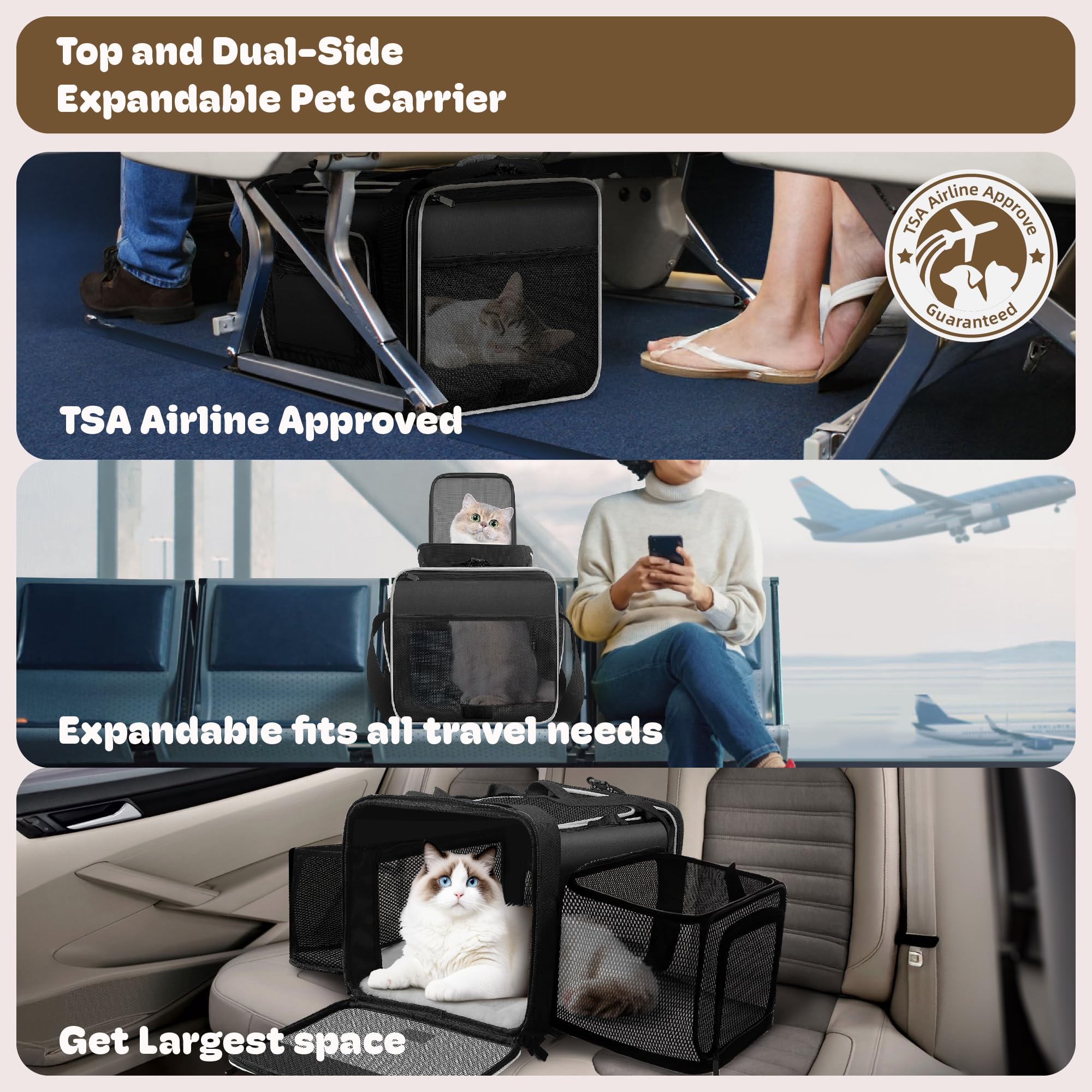 Top and 2 Sides Expandable Pet Carrier 17x11x9.5,TSA Airline Approved Small Dog Carriers for Small Dogs,Soft-Sided Cat Carrier with Self-Locking Zippers for Kitten,Rabbit,Puppy,Guinea Pig Black White - image 2
