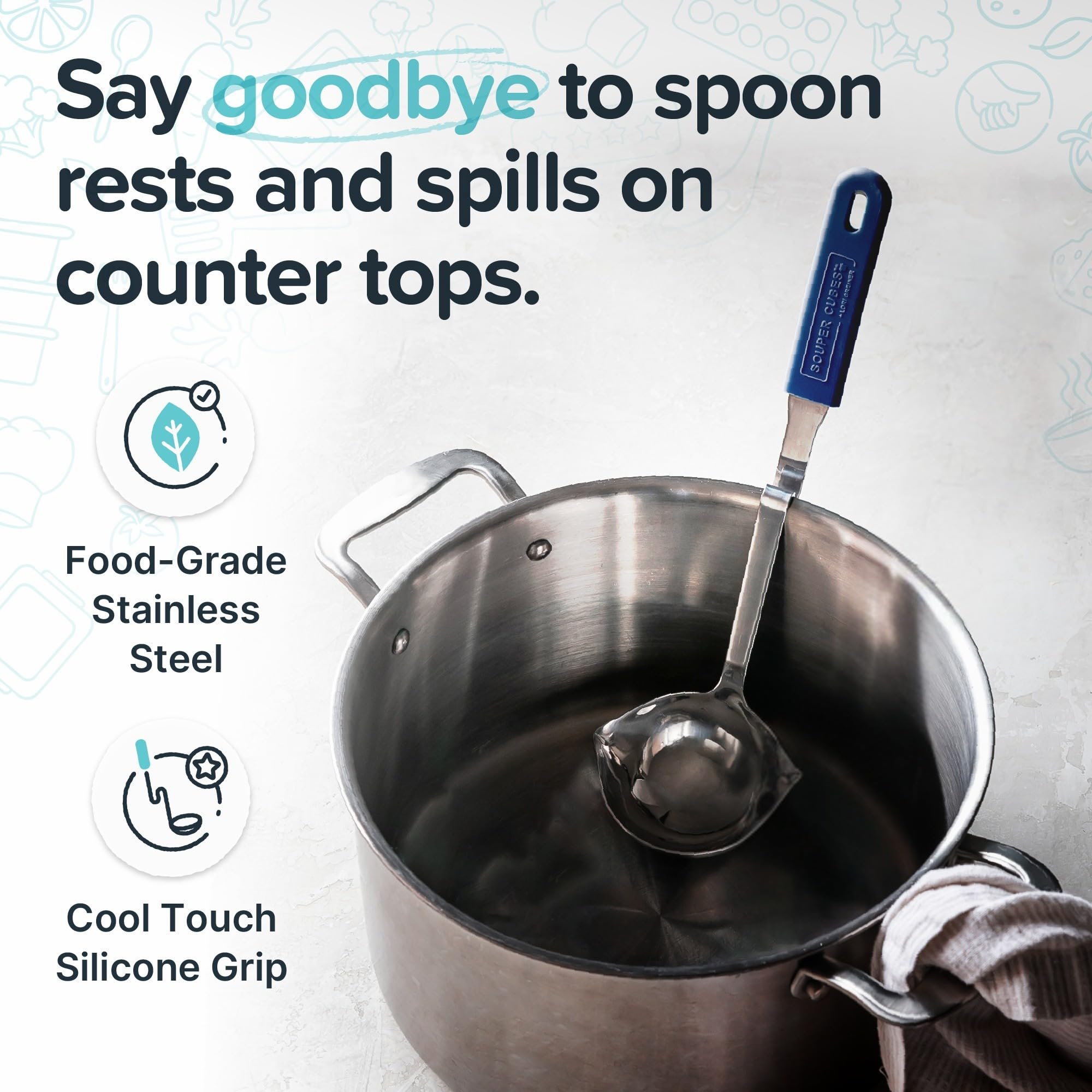 Souper Cubes + Lori Greiner No Mess Mestolo da minestra in acciaio inox con manico in silicone – Mestolo da minestra in metallo senza sporcare che si aggancia sul lato di qualsiasi pentola, mirtillo